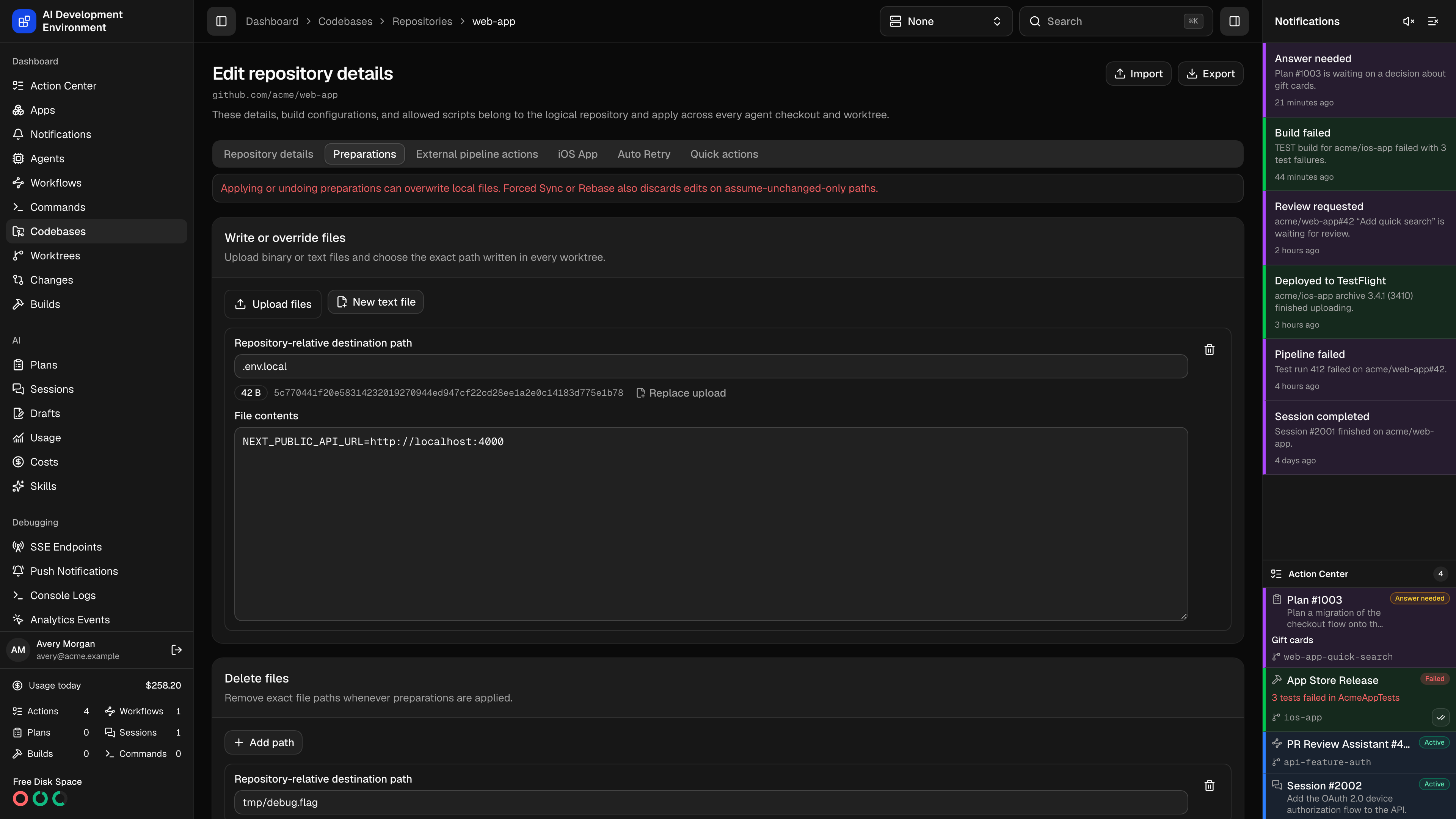 Repository Preparations tab in dark theme