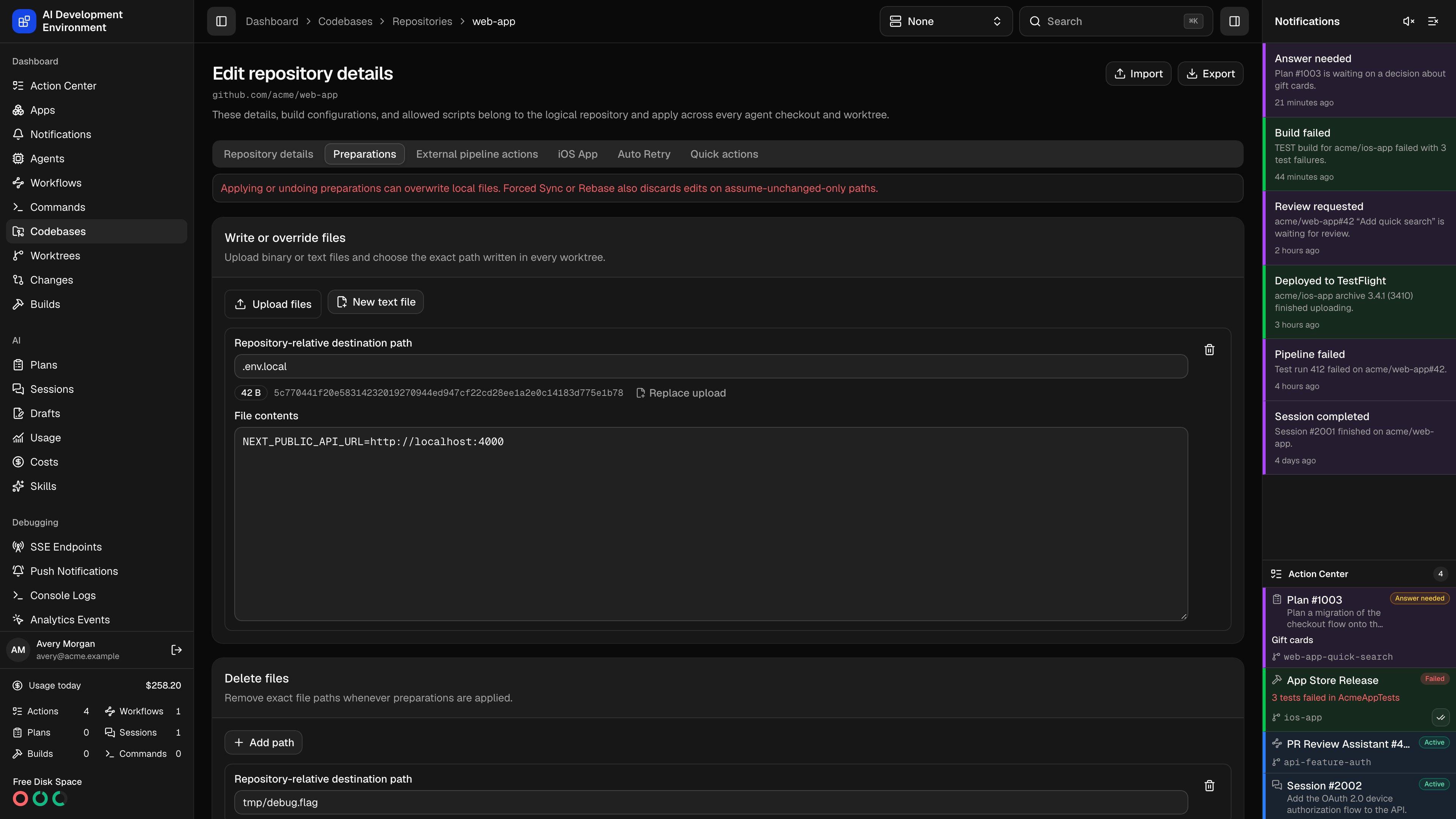Repository Preparations tab in dark theme