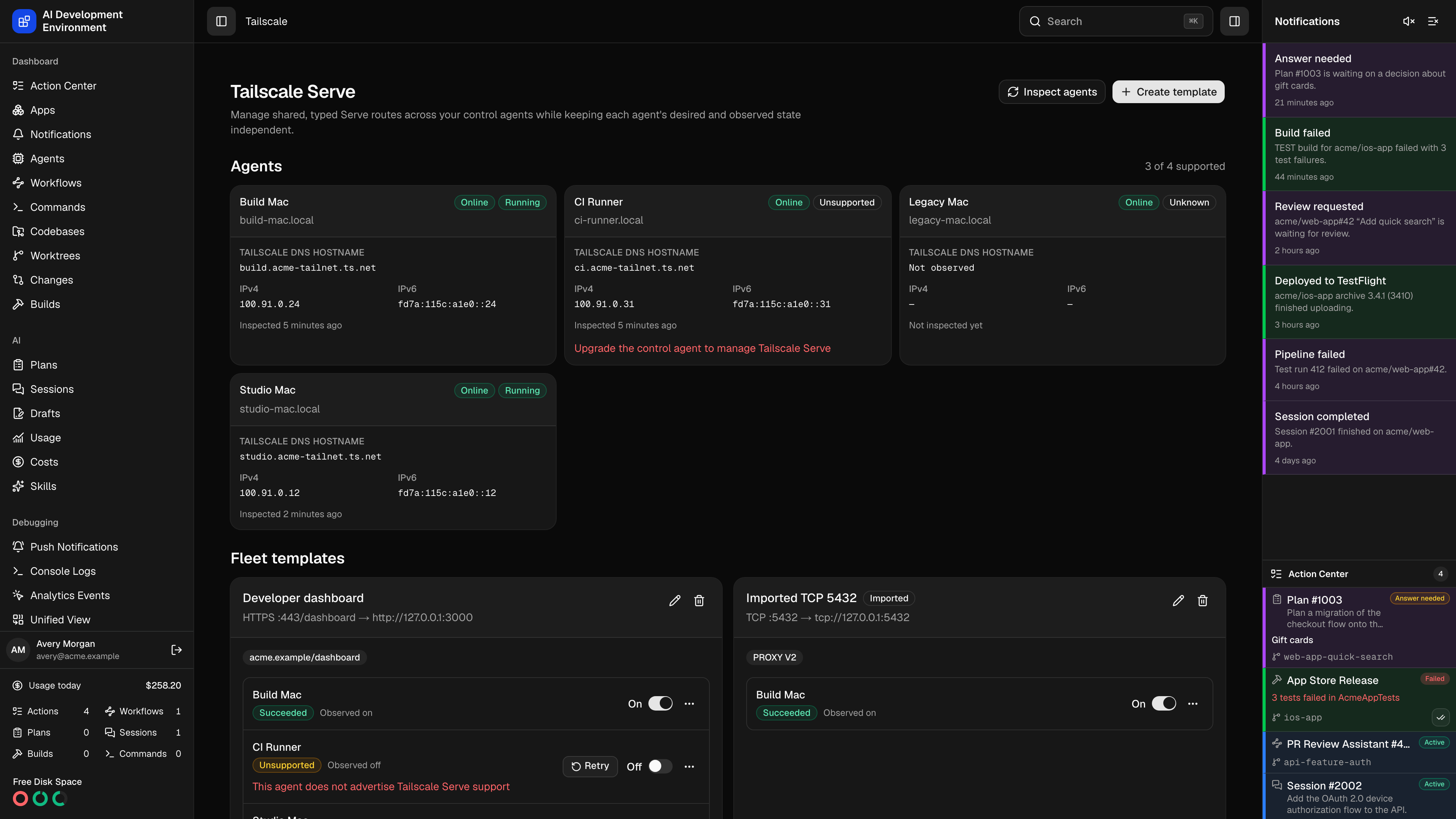 Tailscale Serve fleet management in dark theme