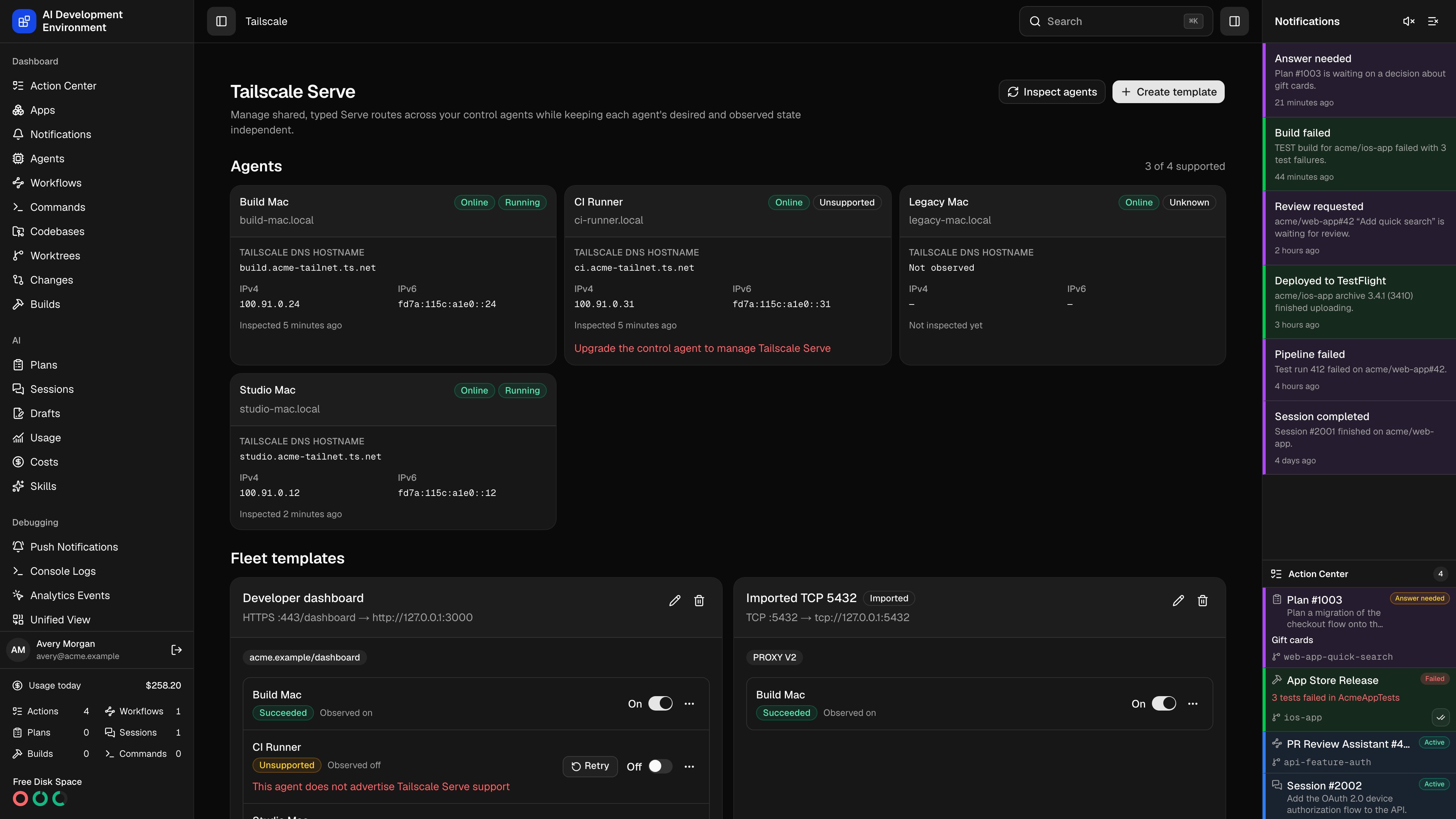 Tailscale Serve fleet management in dark theme