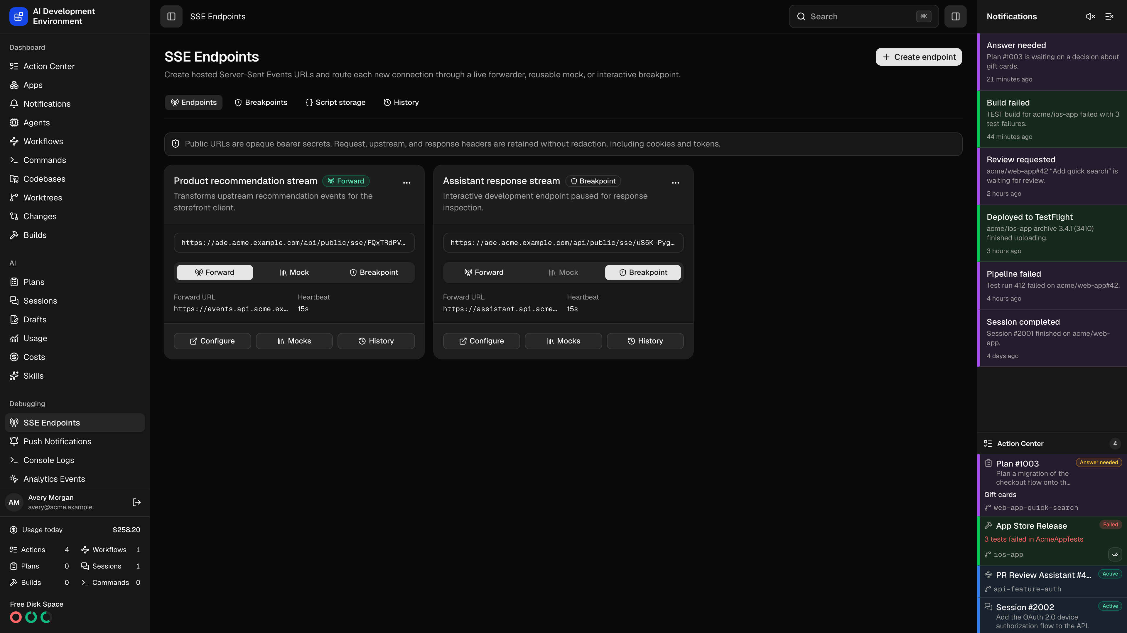 SSE Endpoints page in dark theme