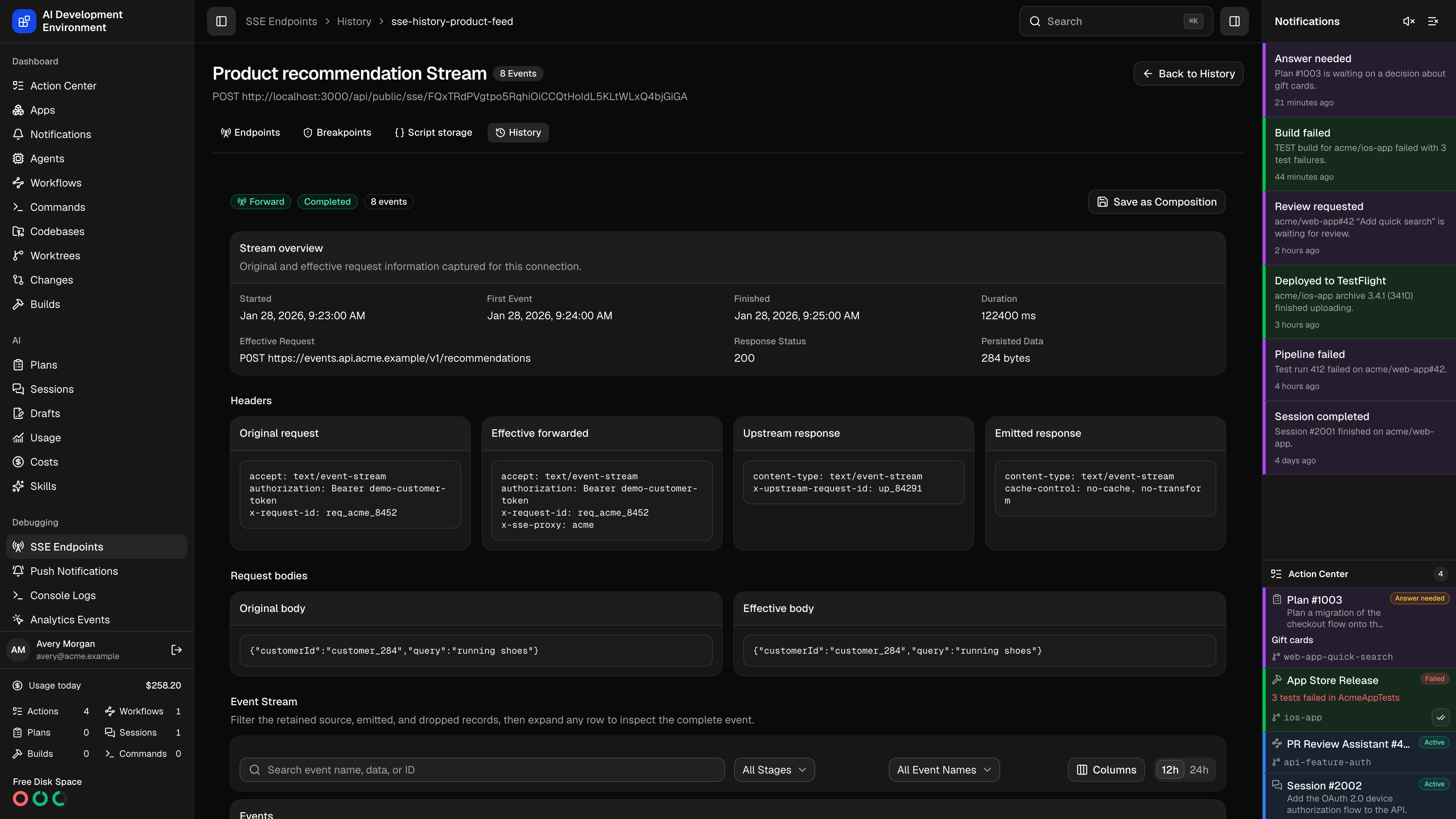 Dedicated SSE stream history page in dark theme