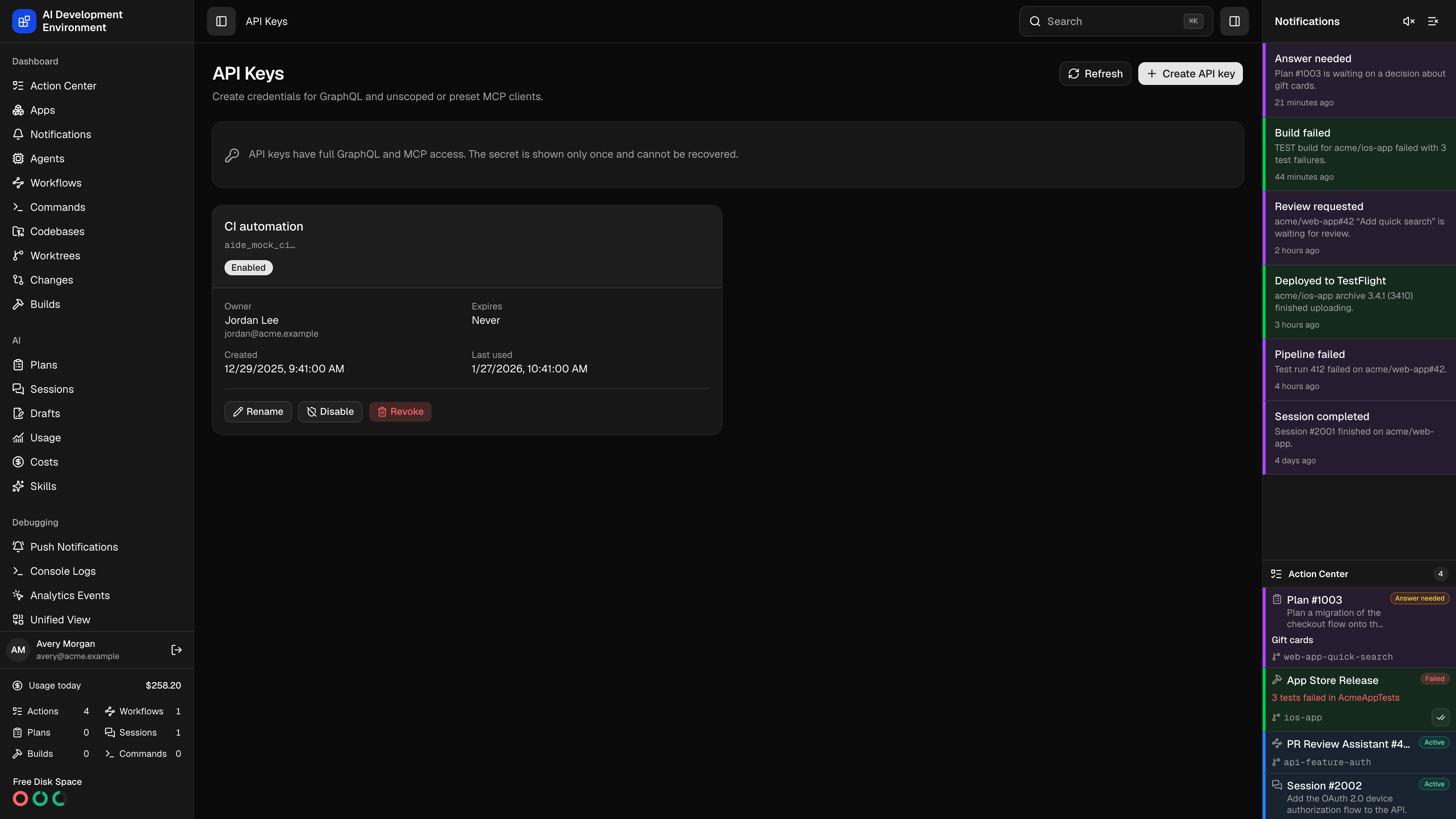 API keys page in dark theme