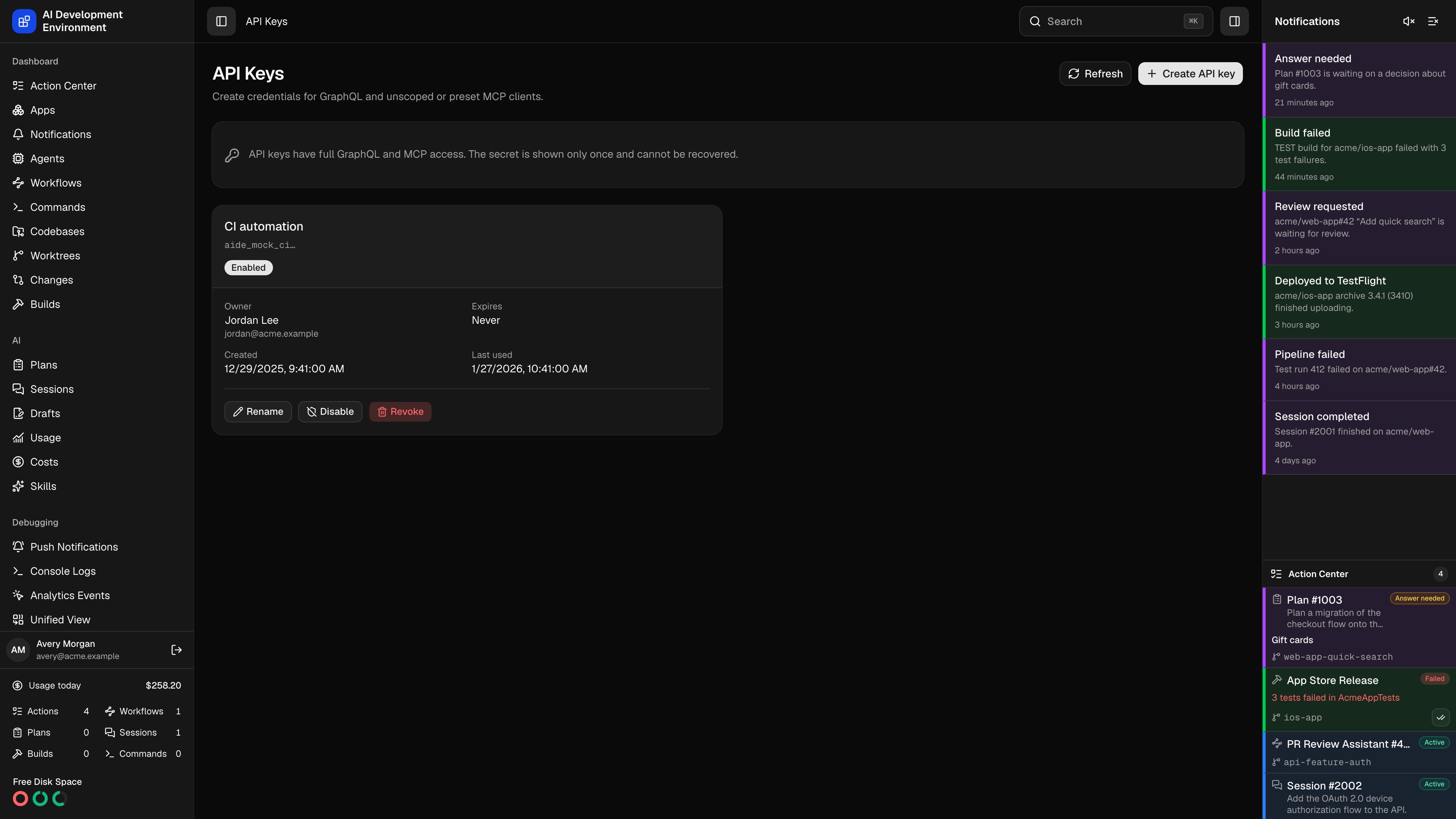 API keys page in dark theme