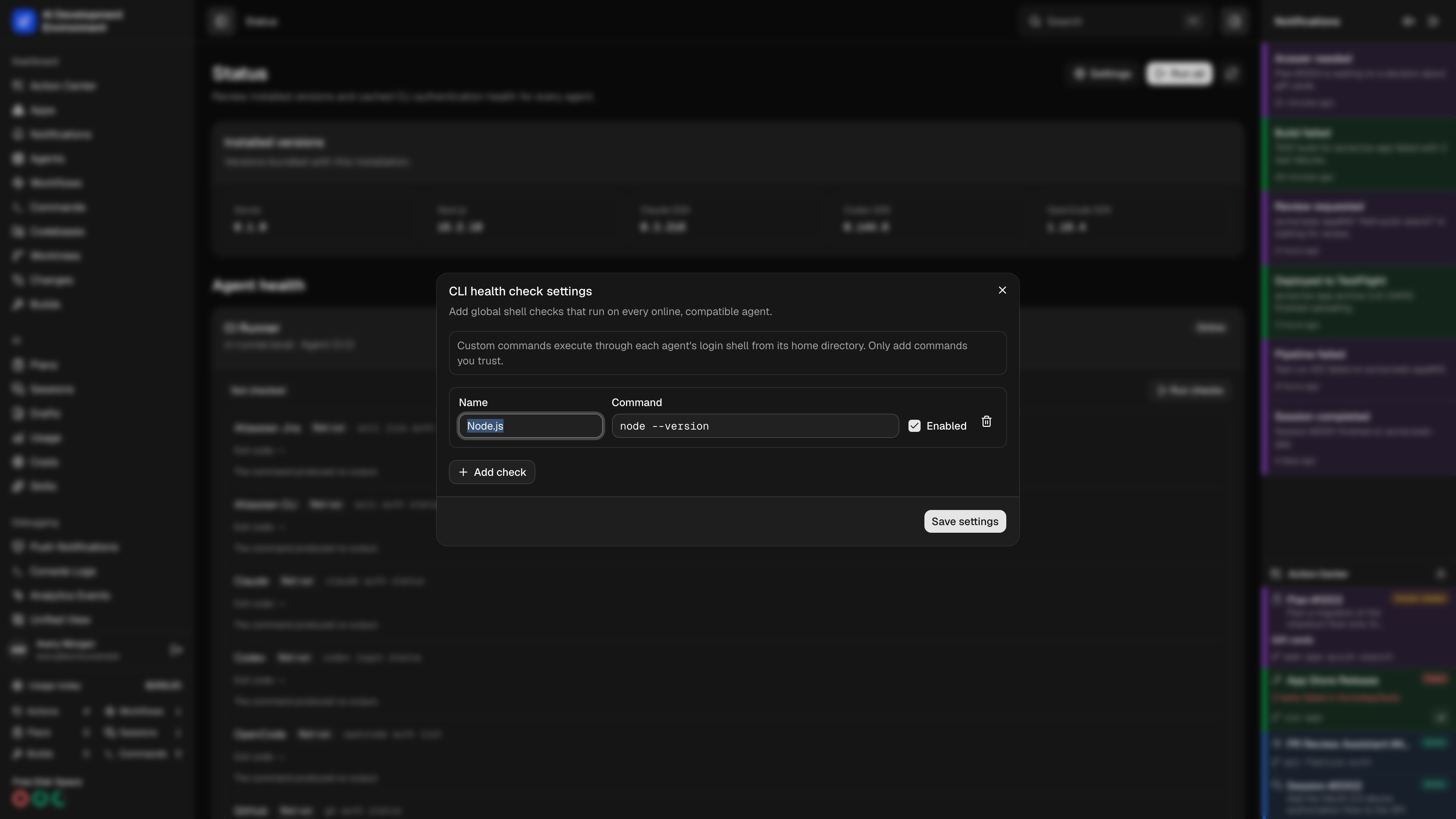 CLI health check settings in dark theme