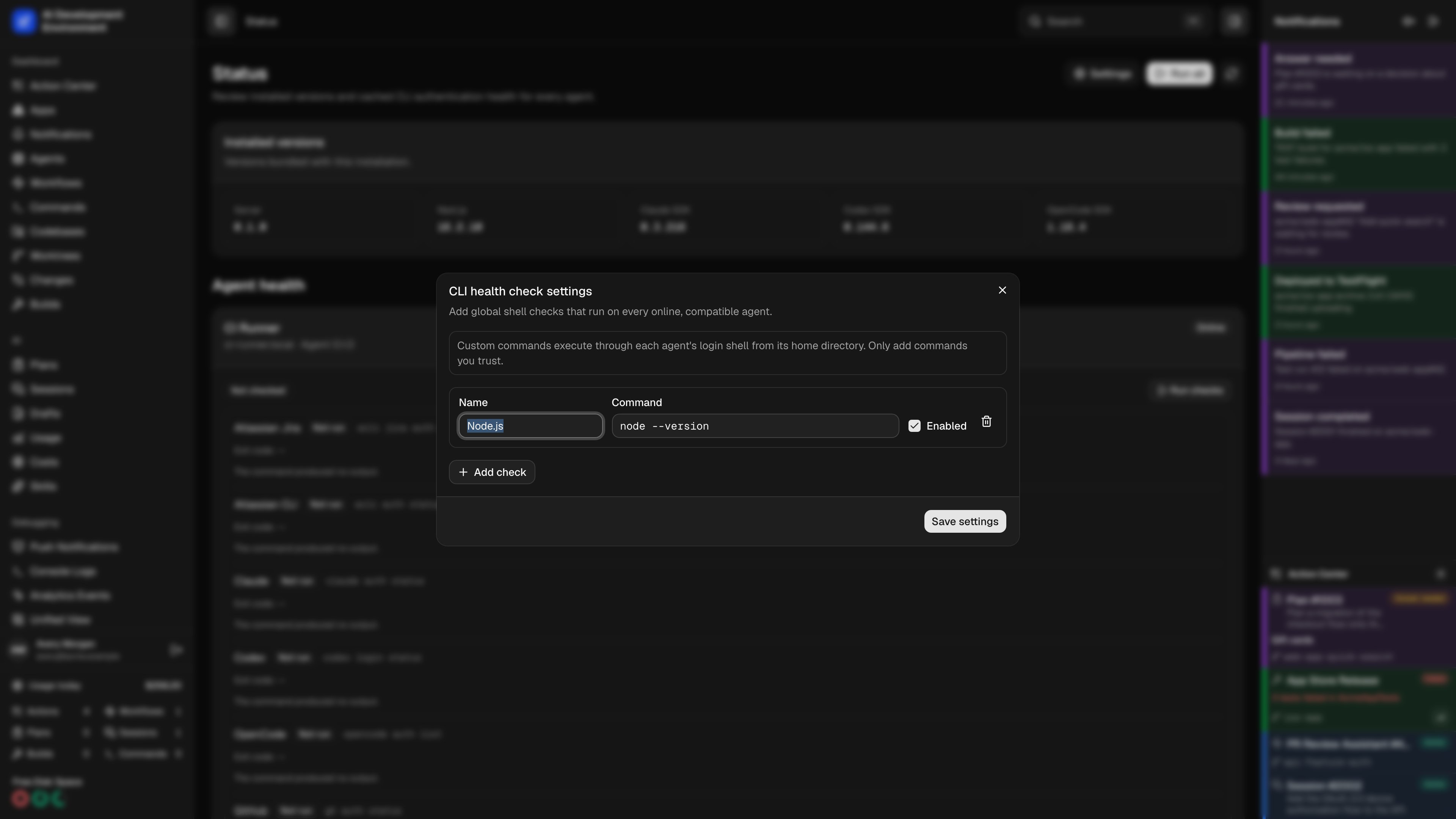 CLI health check settings in dark theme