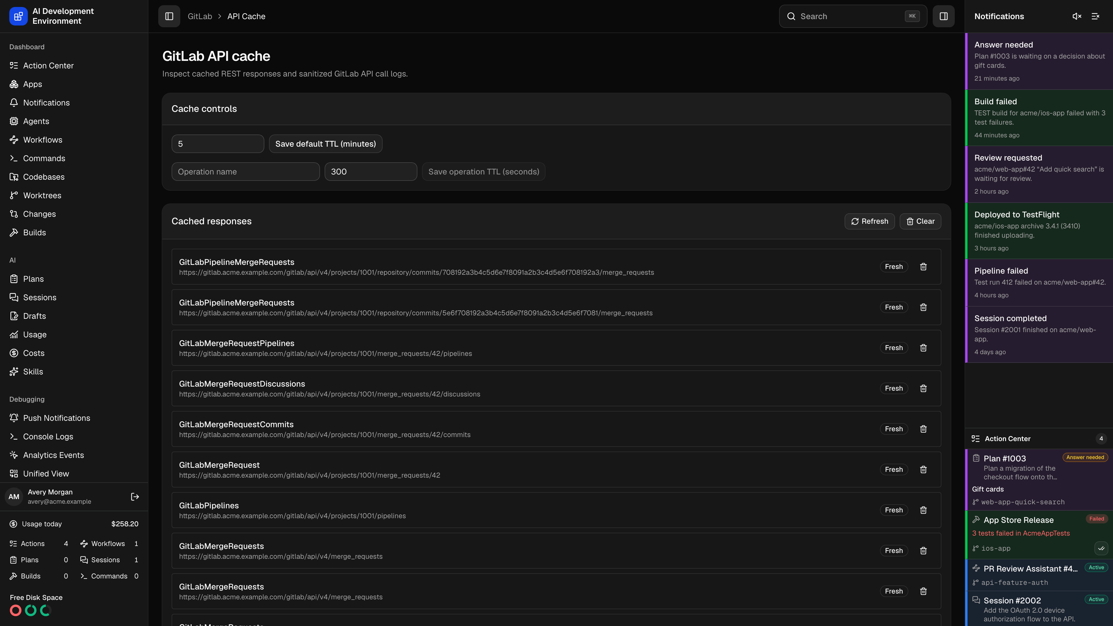 GitLab API cache page in dark theme