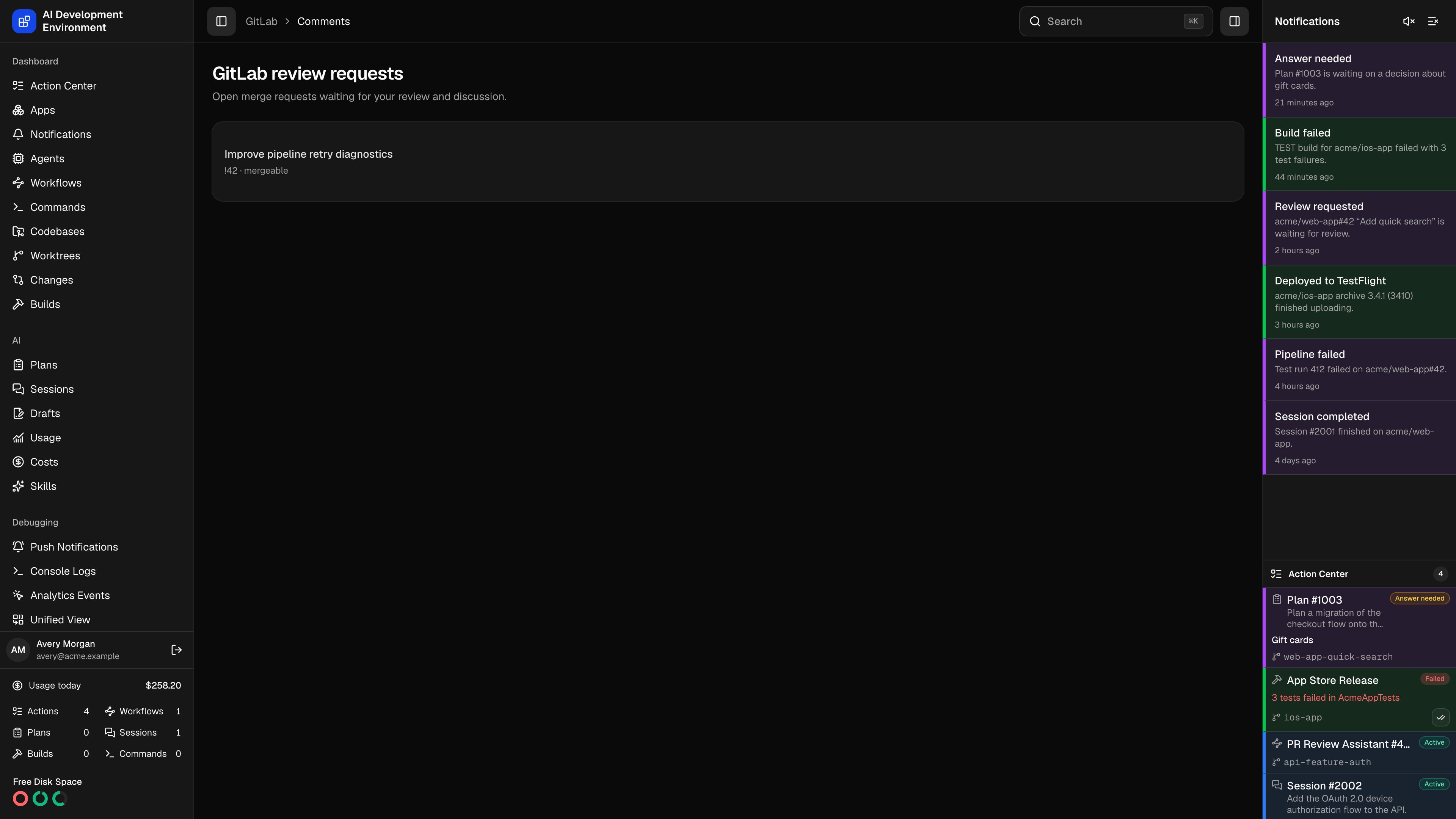 GitLab review discussions page in dark theme
