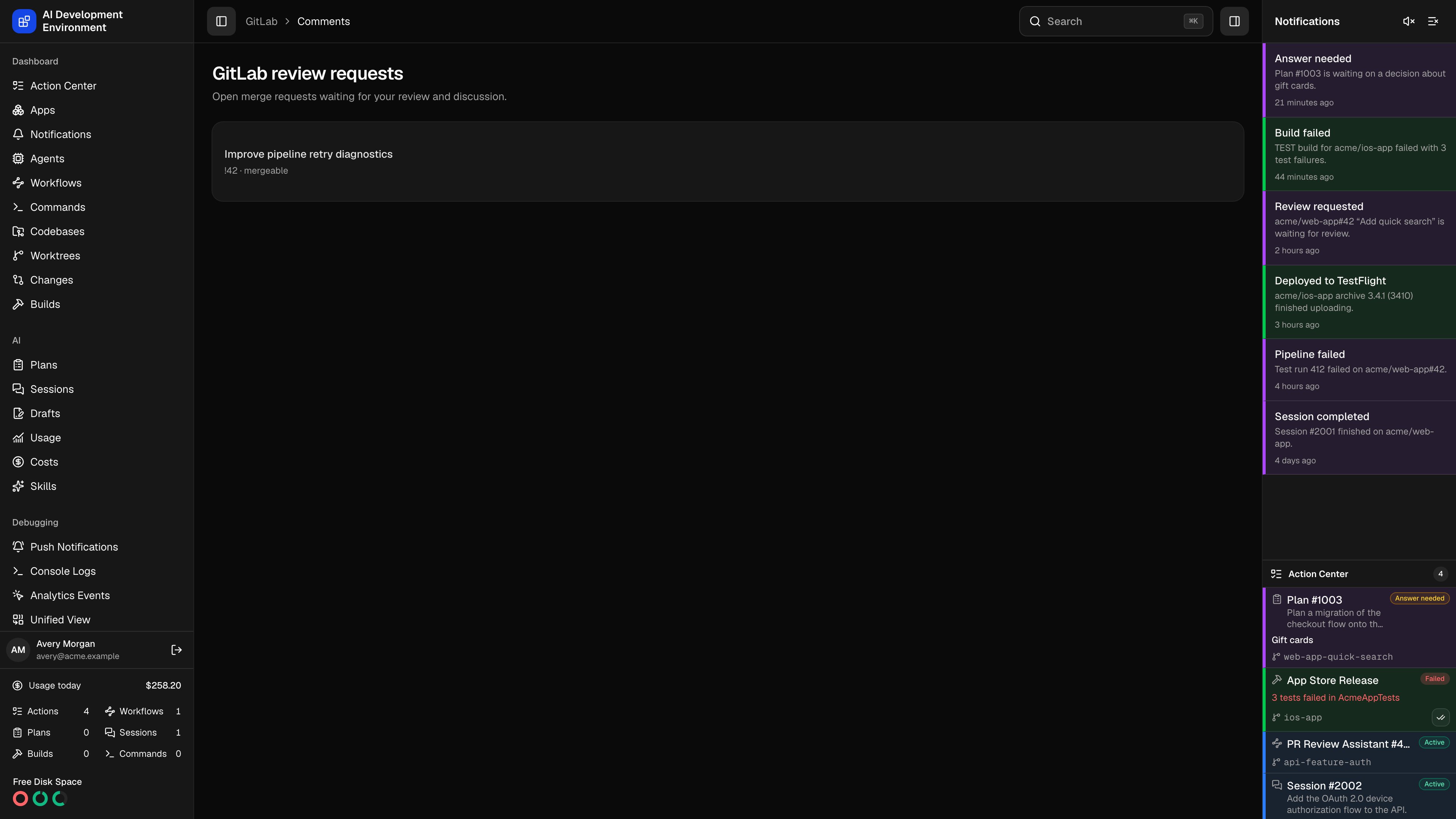 GitLab review discussions page in dark theme