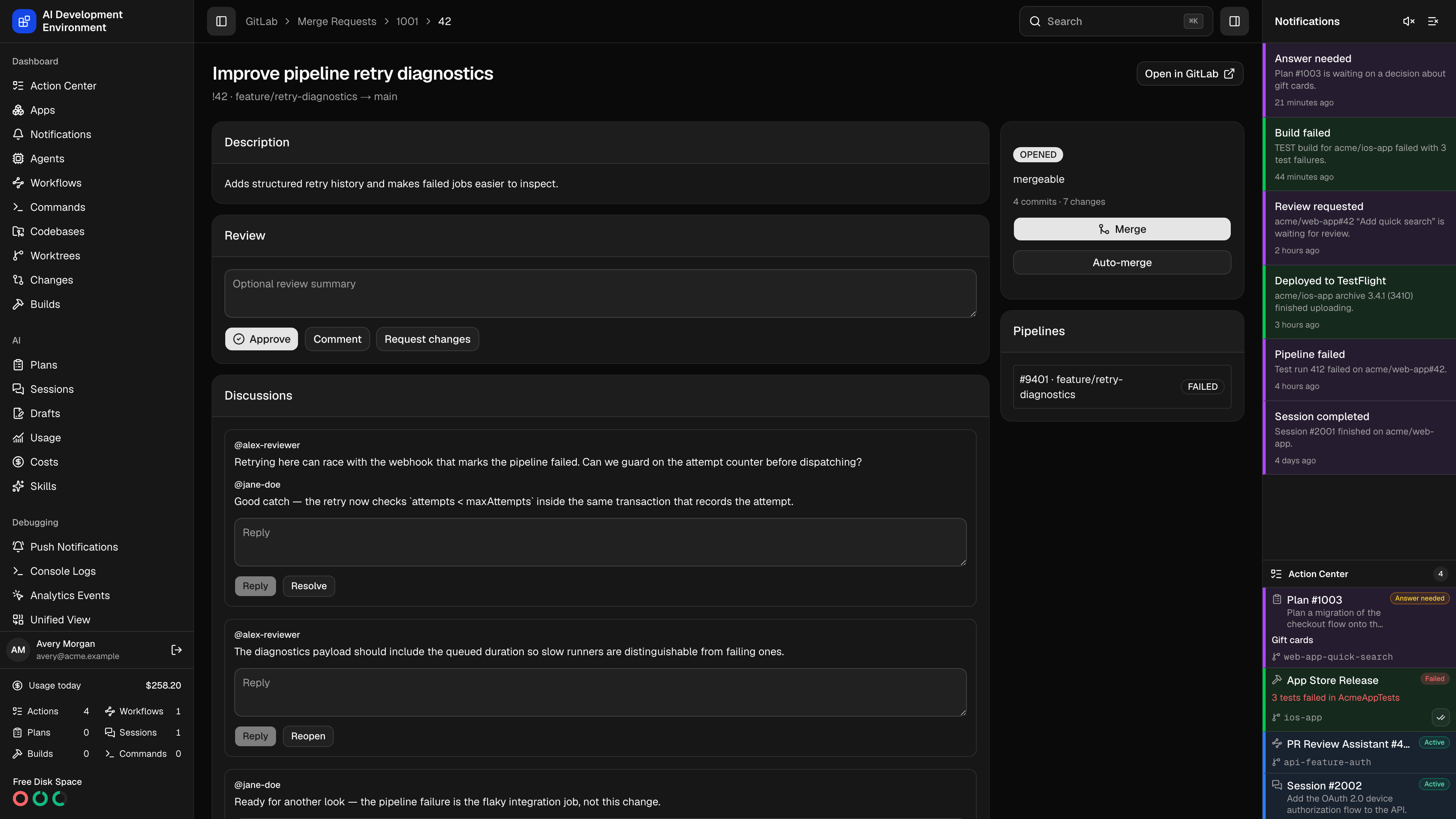 GitLab merge request details page in dark theme