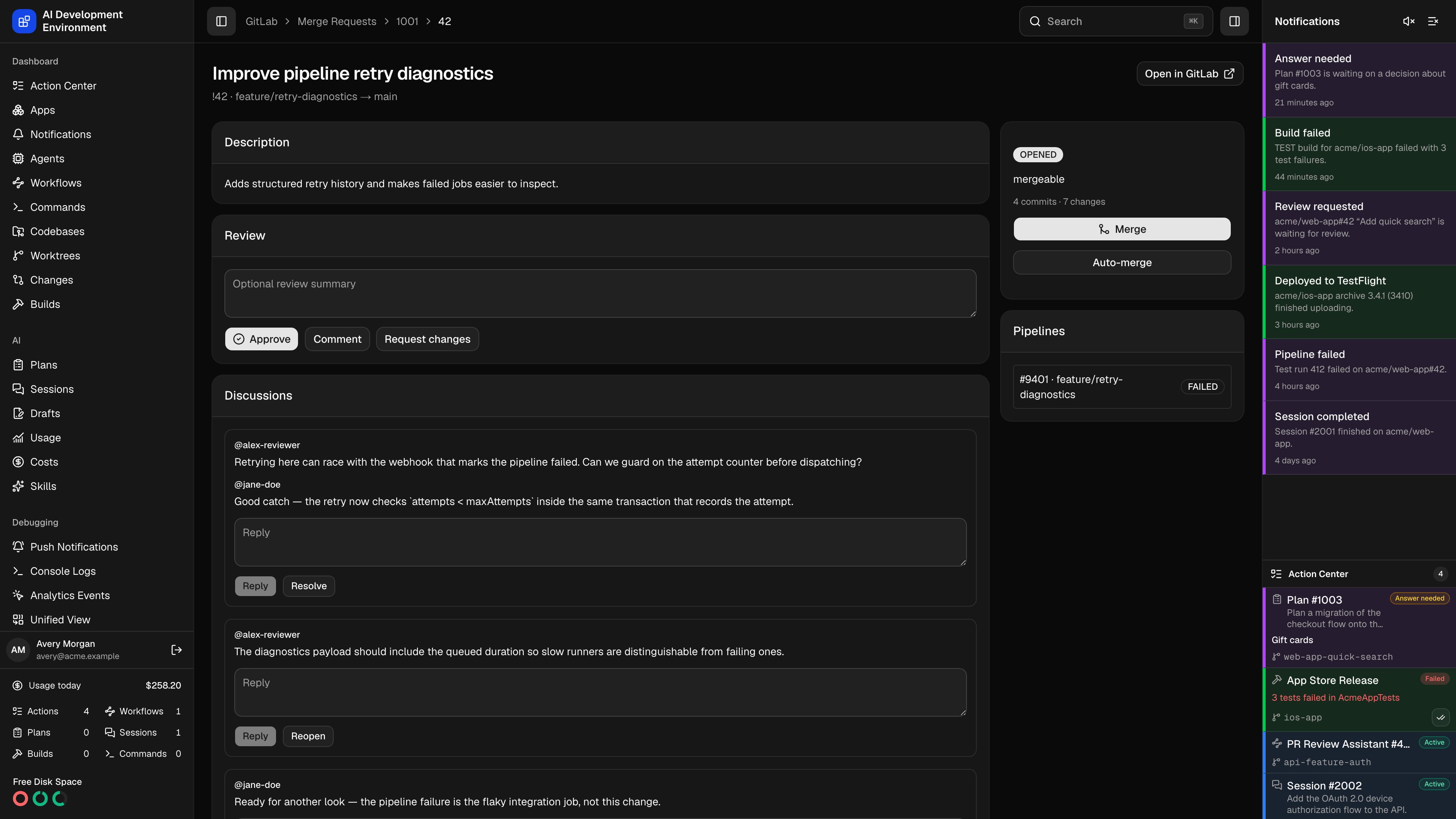 GitLab merge request details page in dark theme