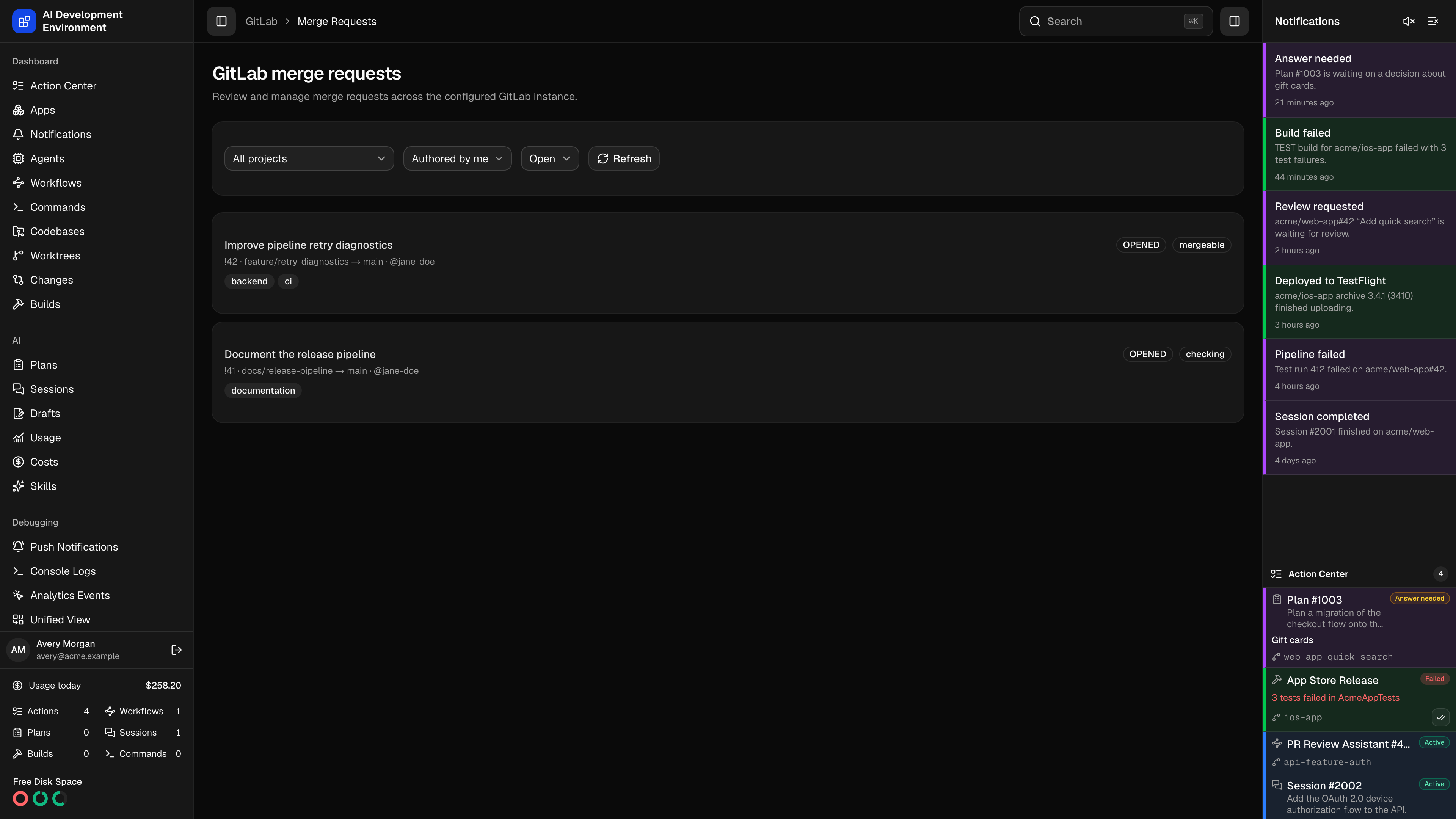 GitLab merge requests page in dark theme