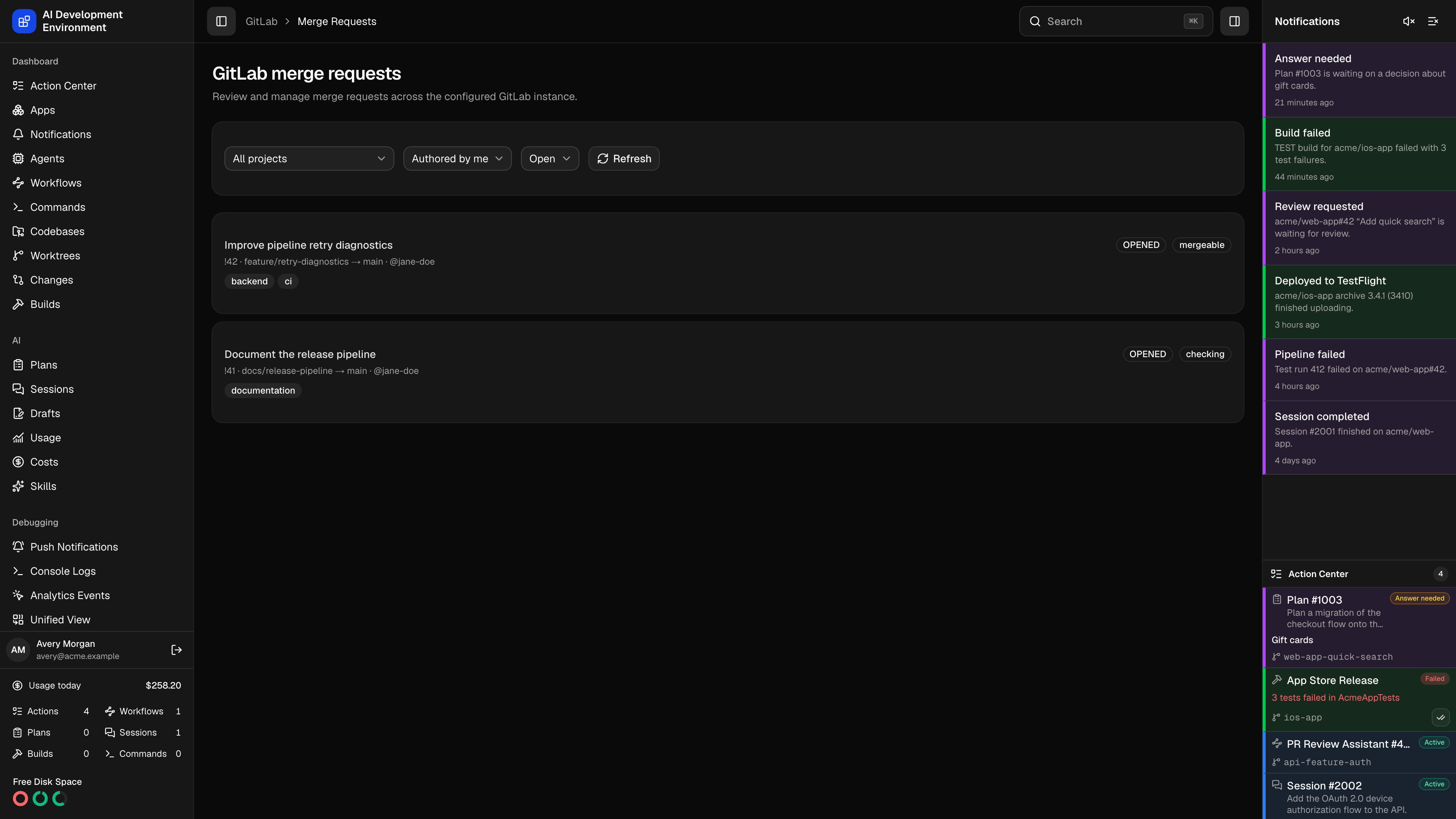 GitLab merge requests page in dark theme