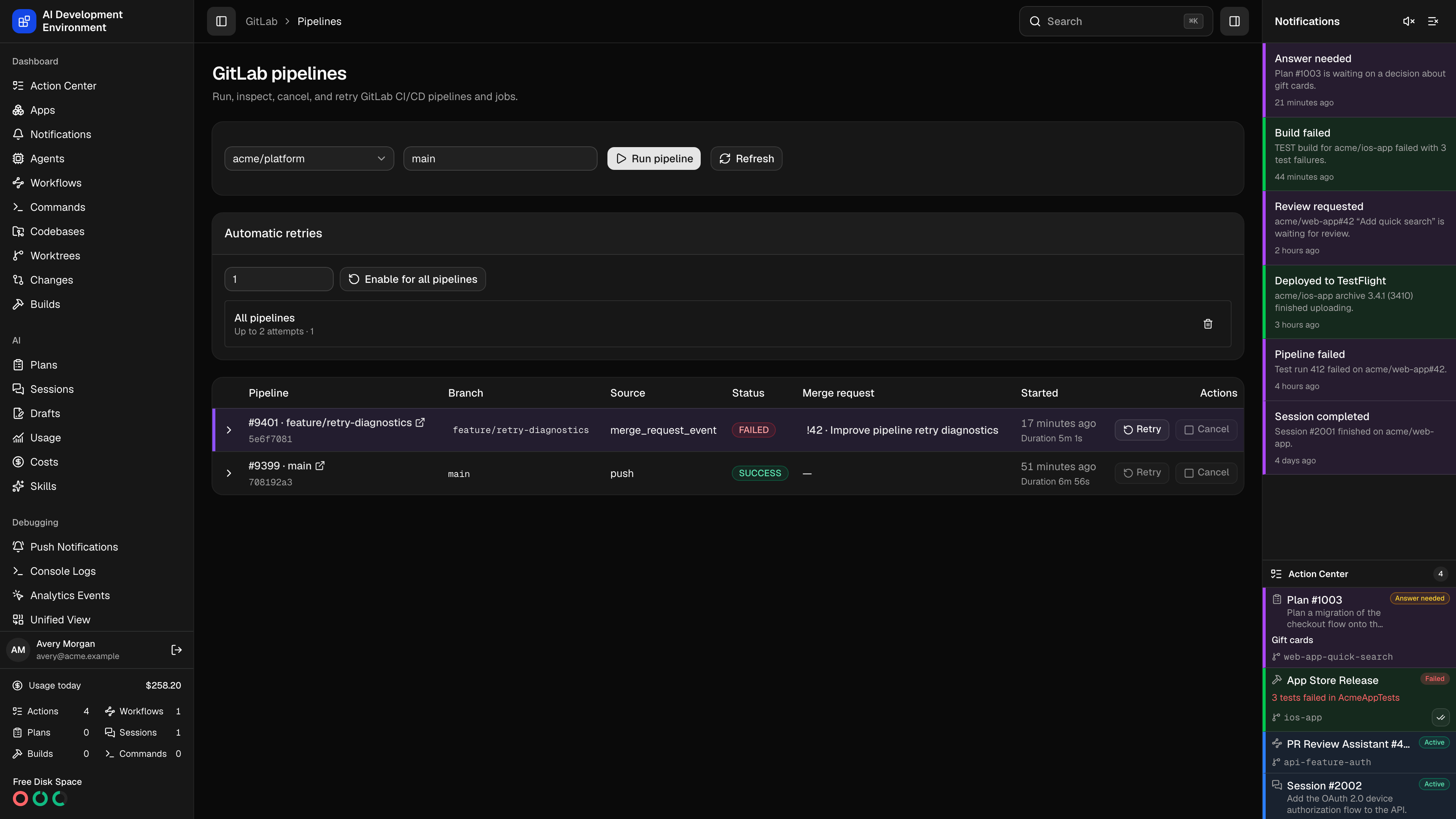 GitLab pipelines page in dark theme
