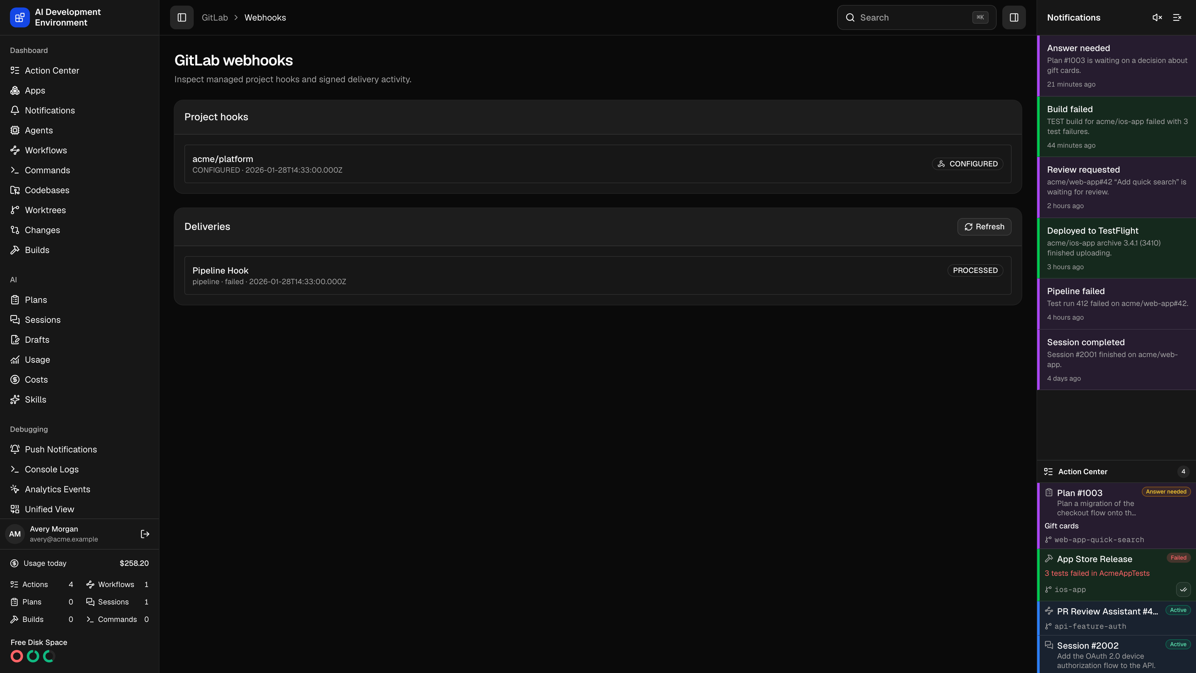 GitLab webhook deliveries page in dark theme
