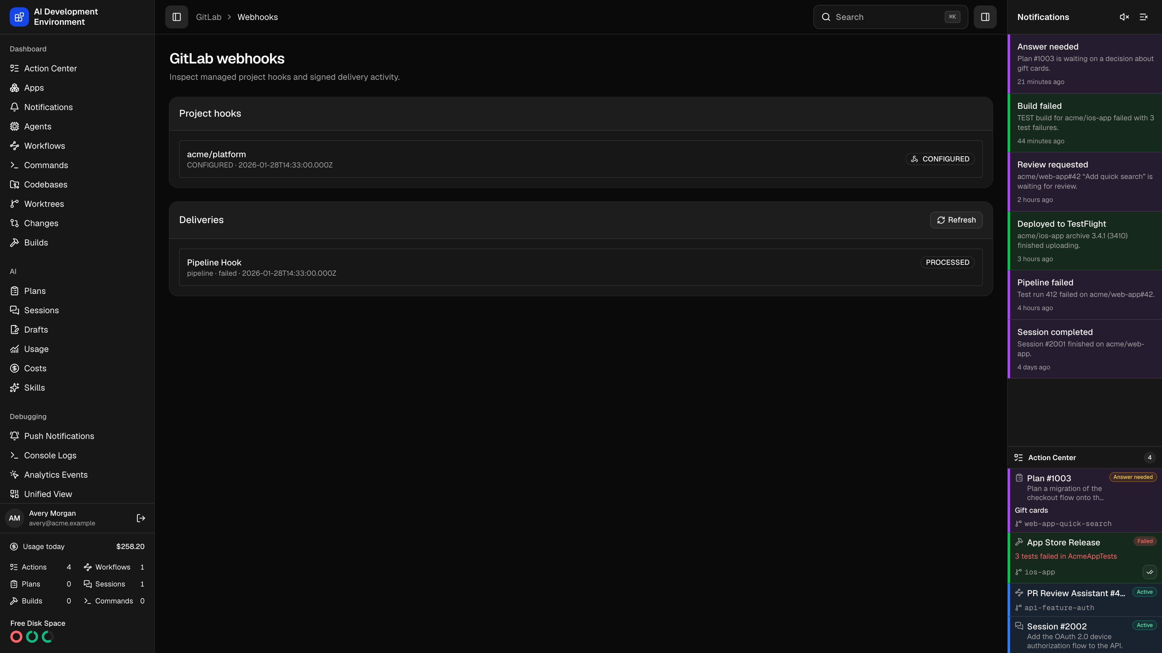 GitLab webhook deliveries in dark theme