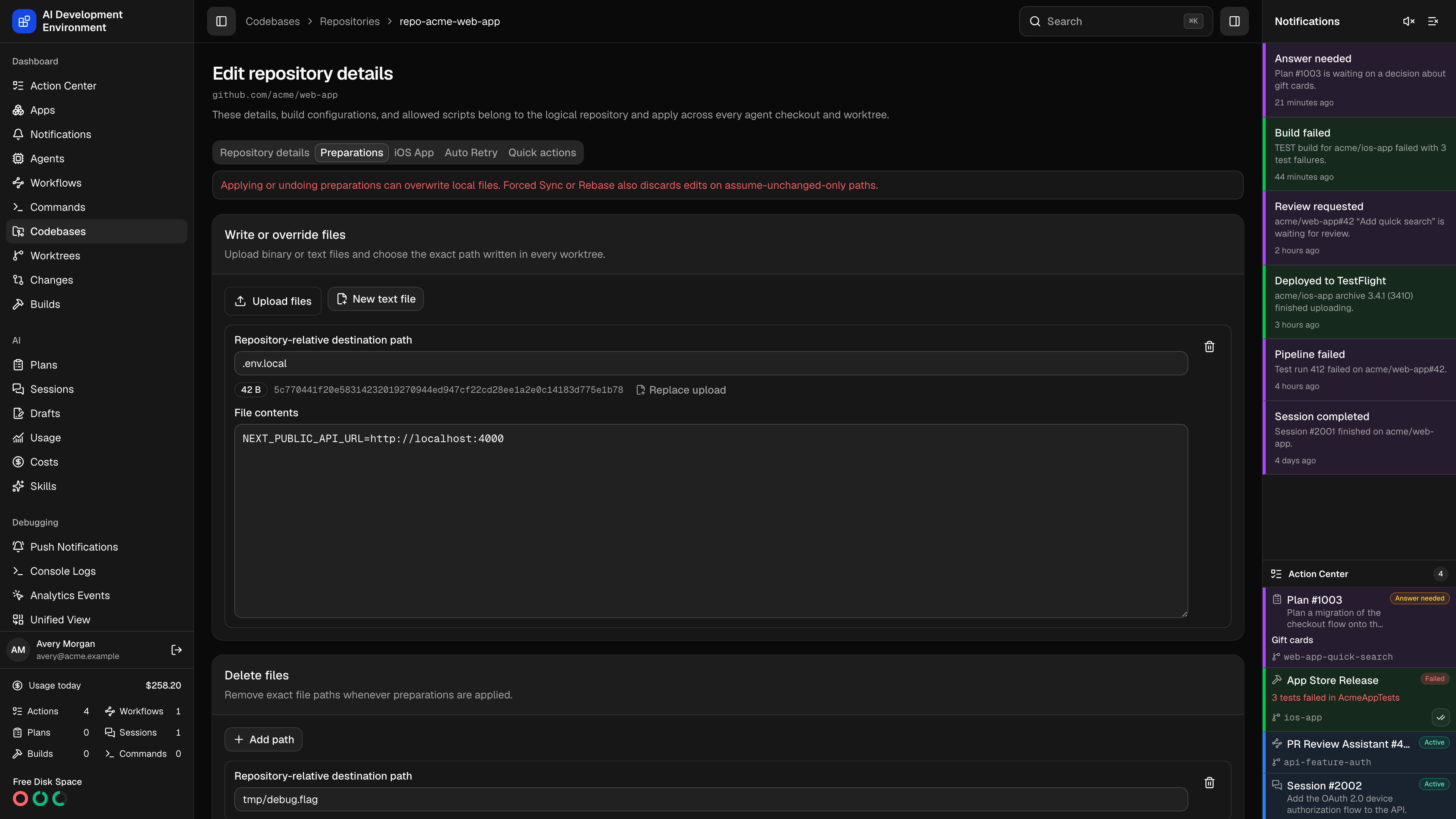 Repository Preparations tab in dark theme