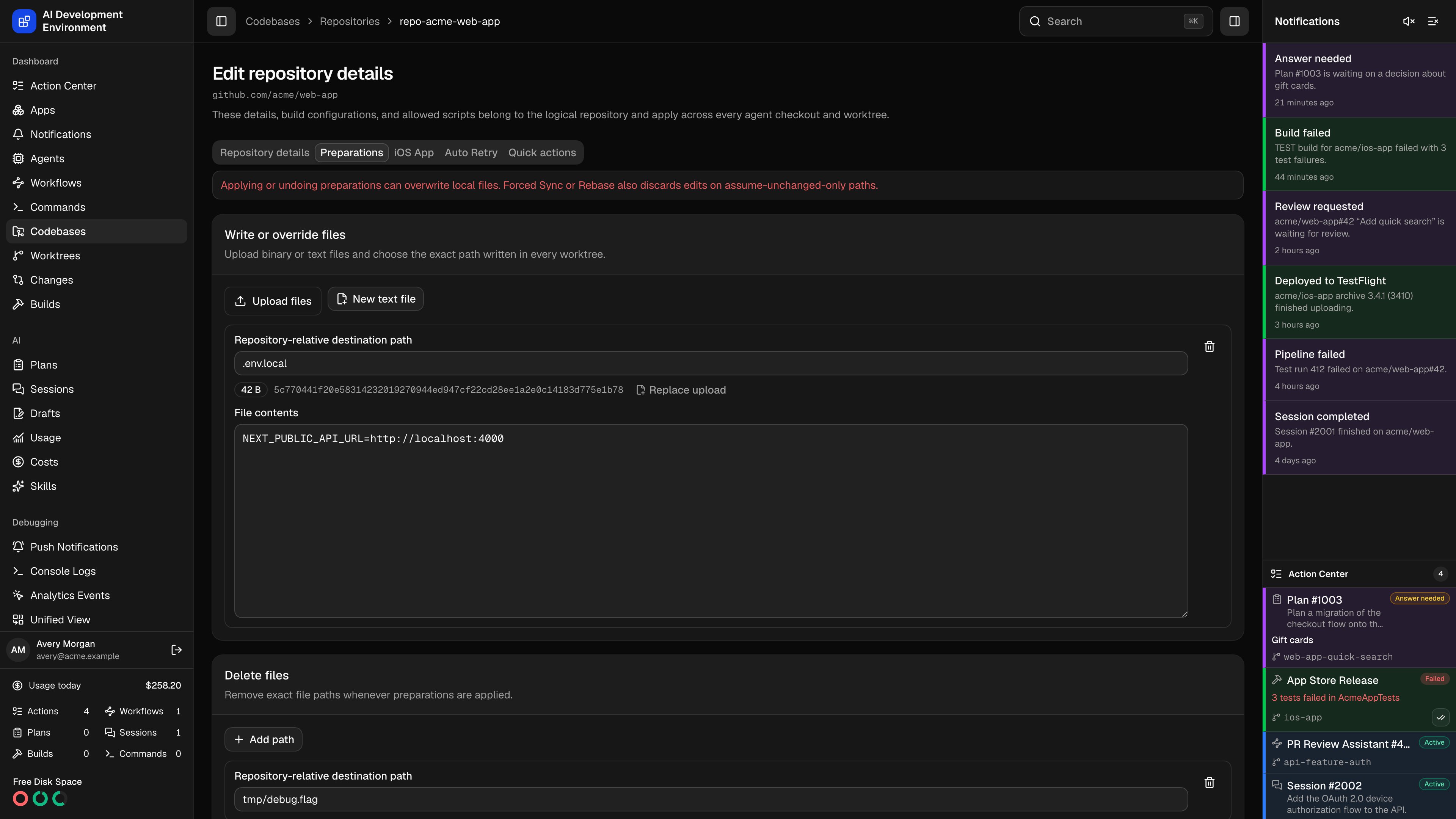 Repository Preparations tab in dark theme