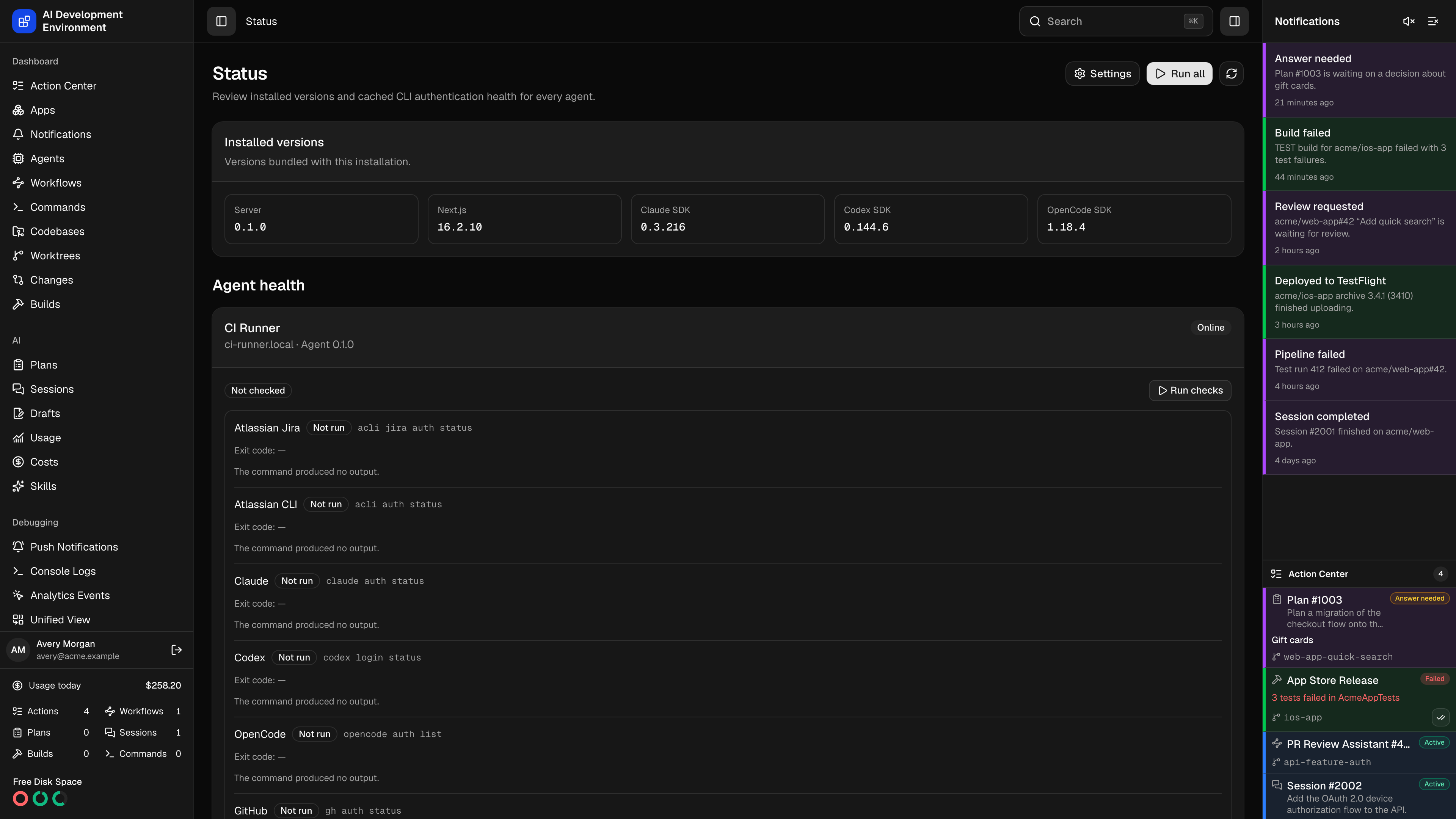 System Status page in dark theme