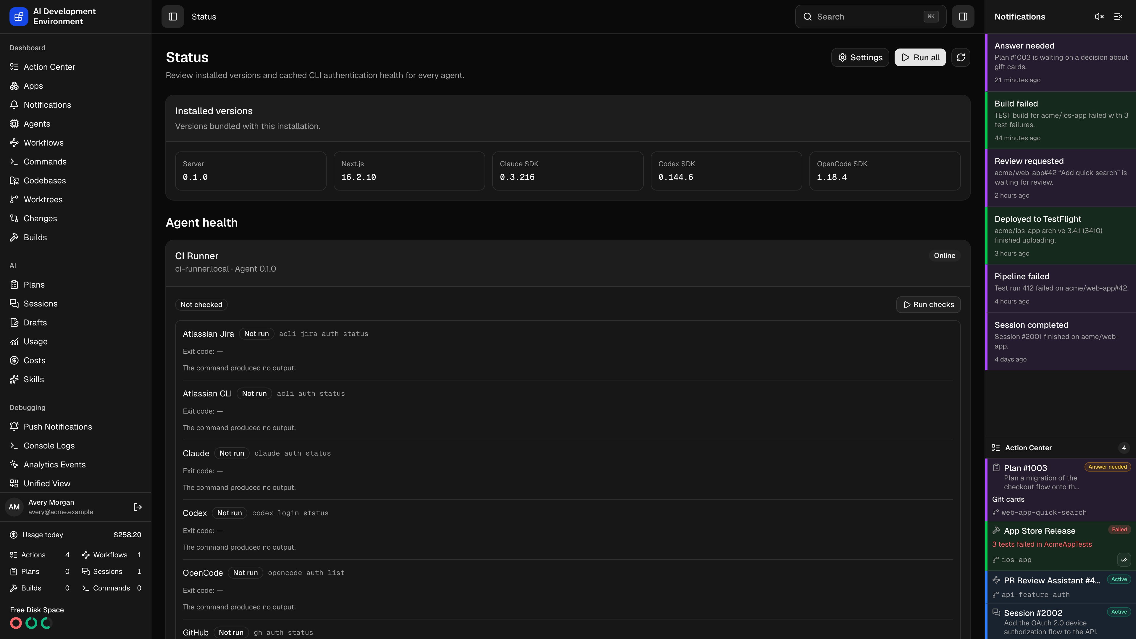System Status page in dark theme