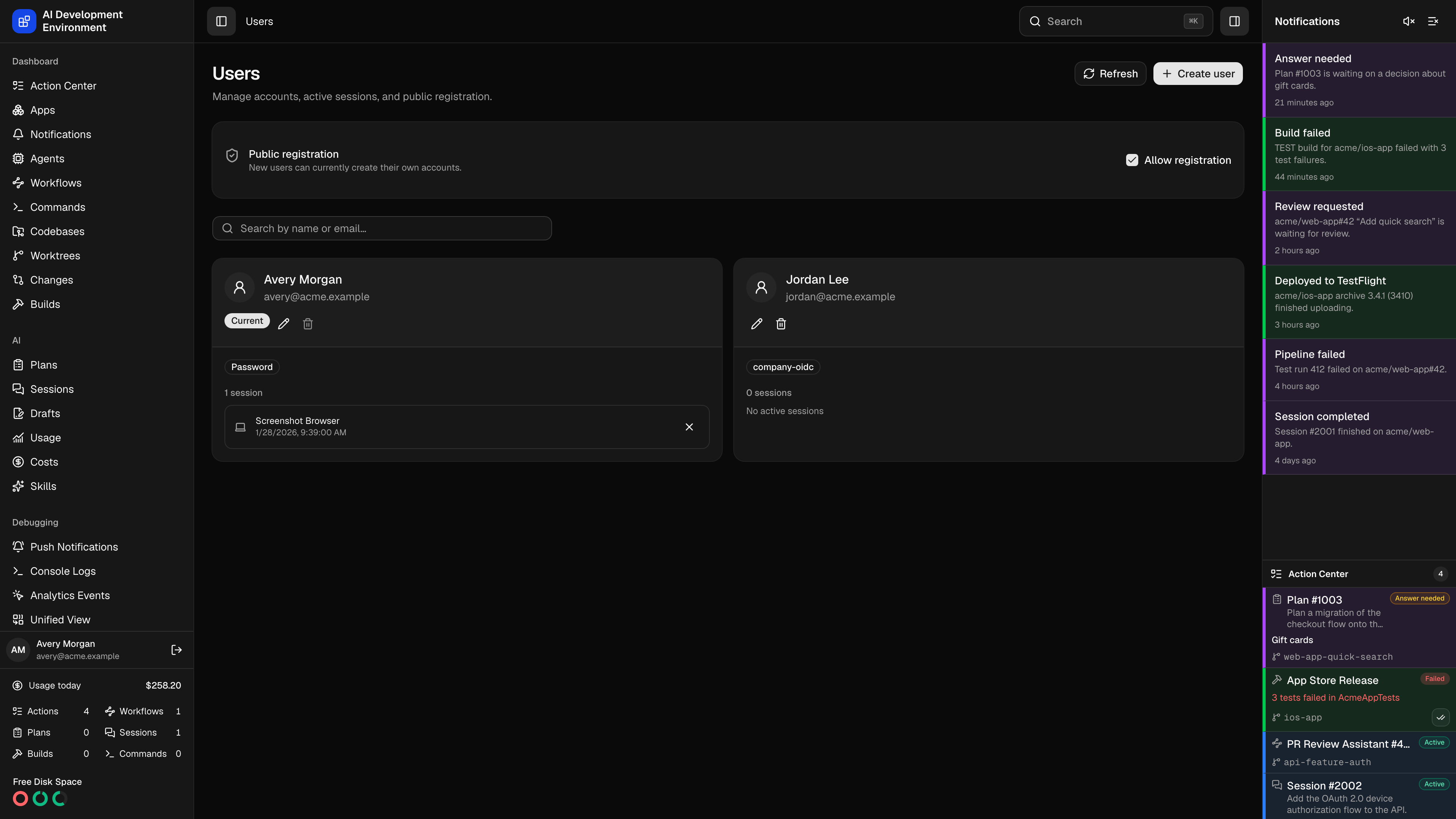 Users page in dark theme