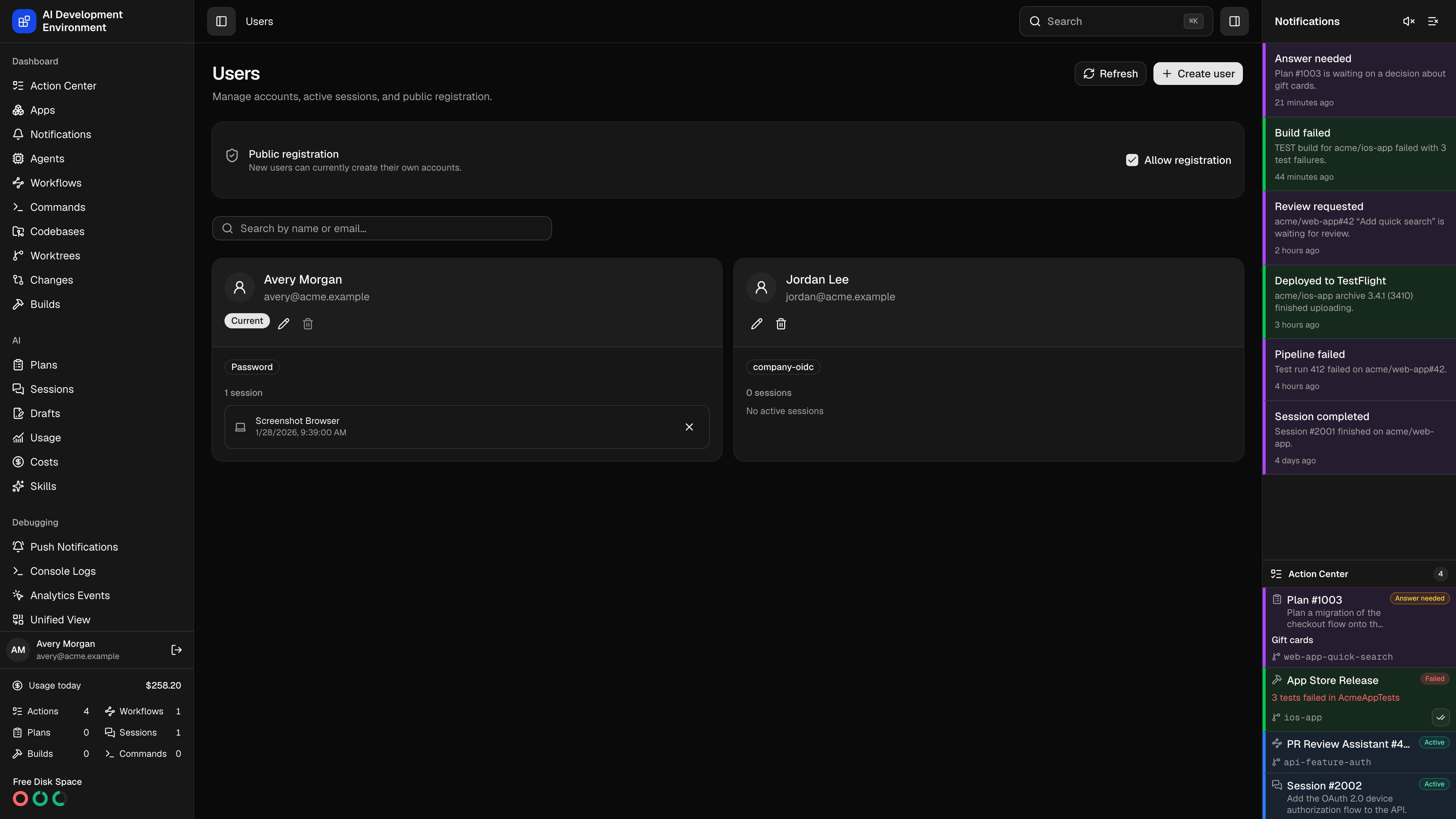 Users page in dark theme