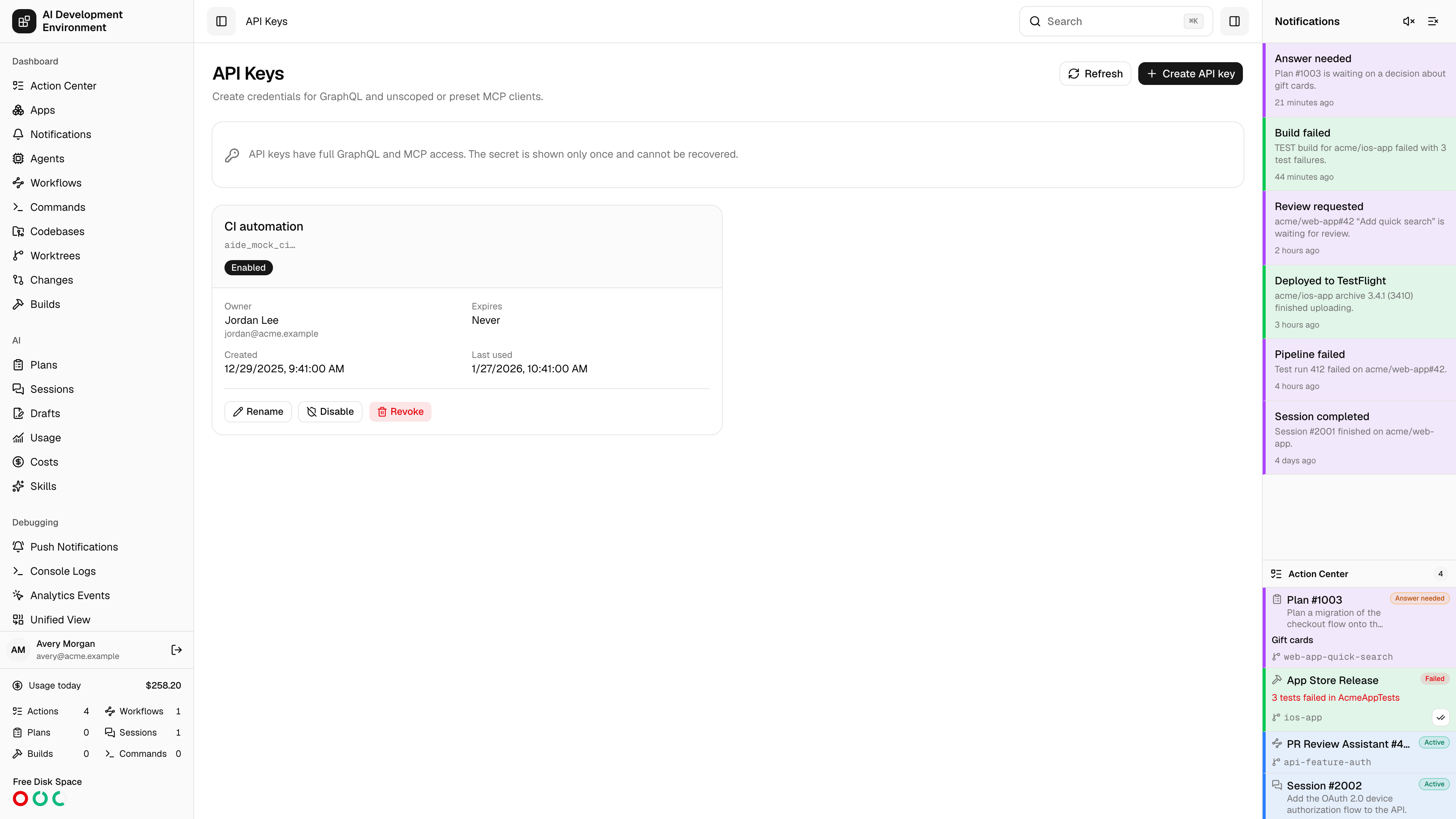 API keys page in light theme