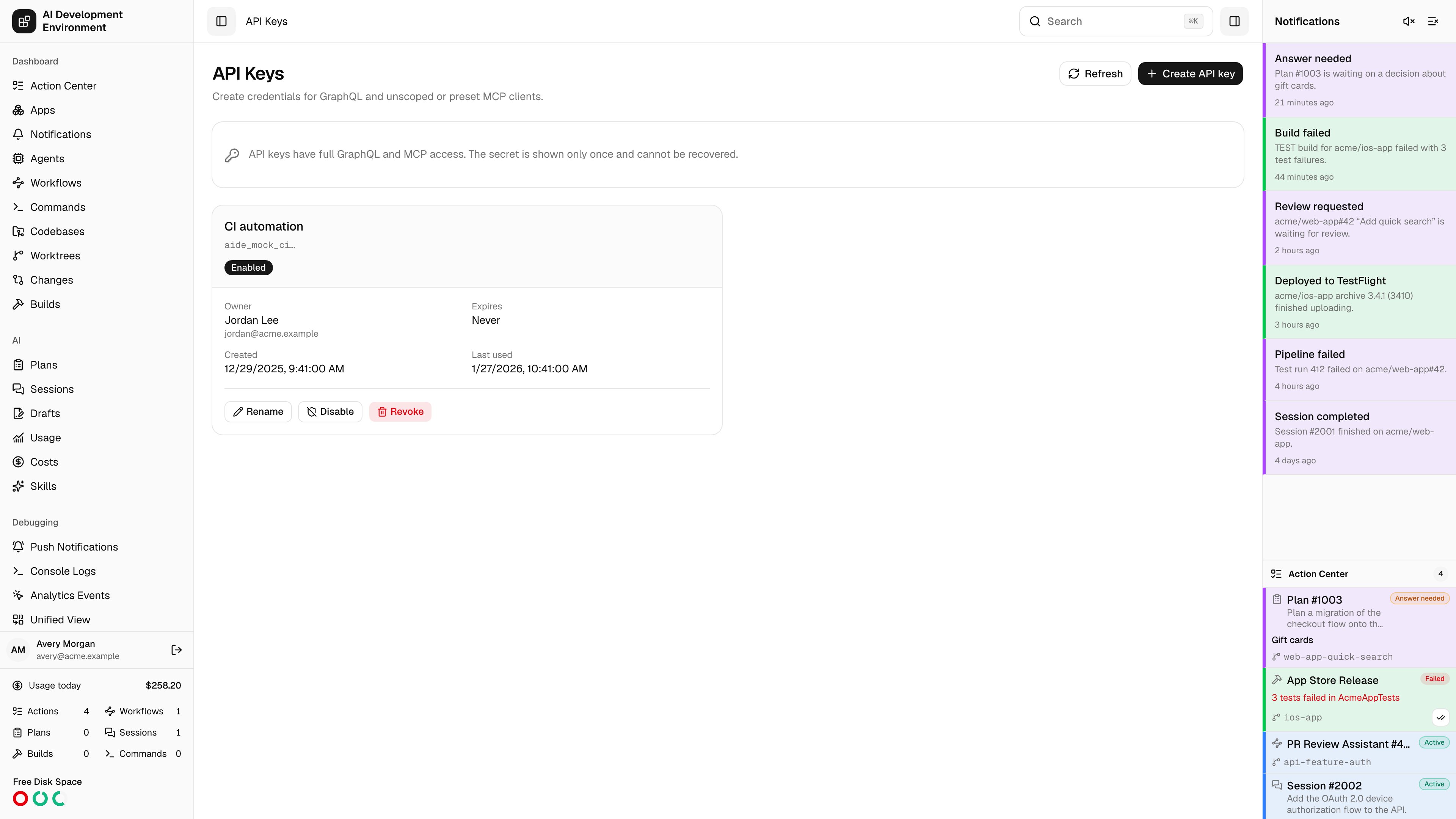 API keys page in light theme