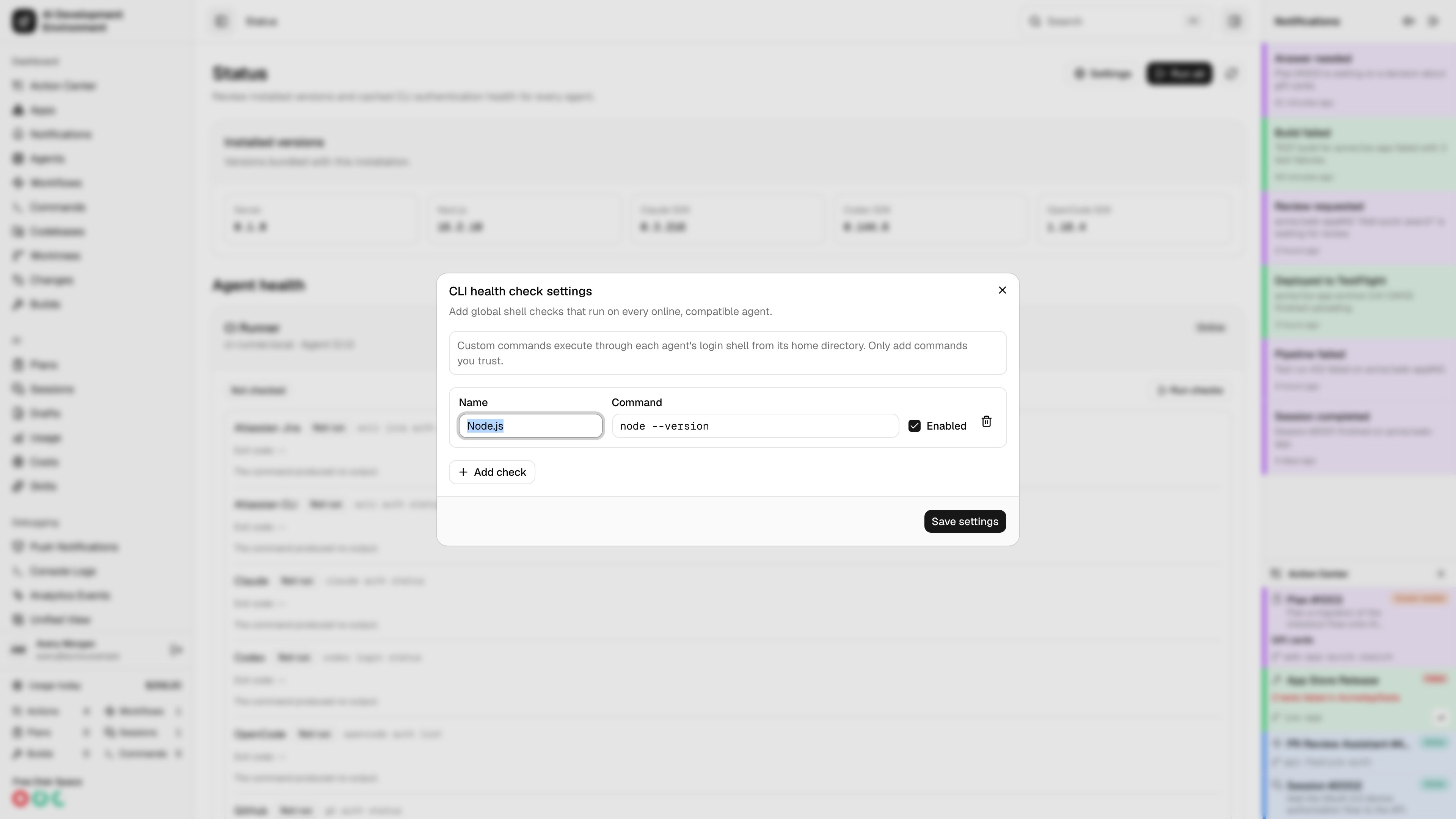 CLI health check settings in light theme