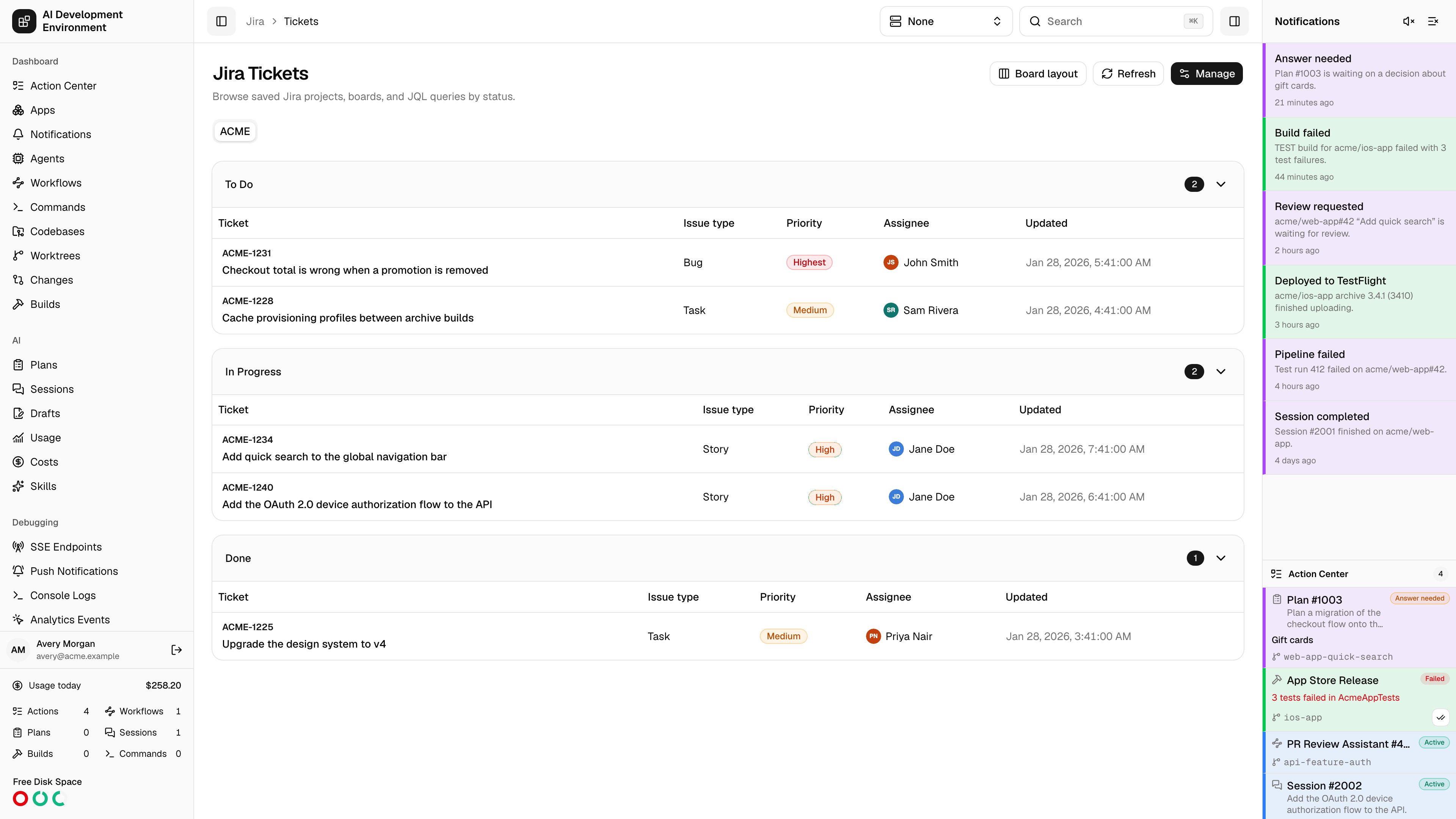 Jira Tickets page in light theme