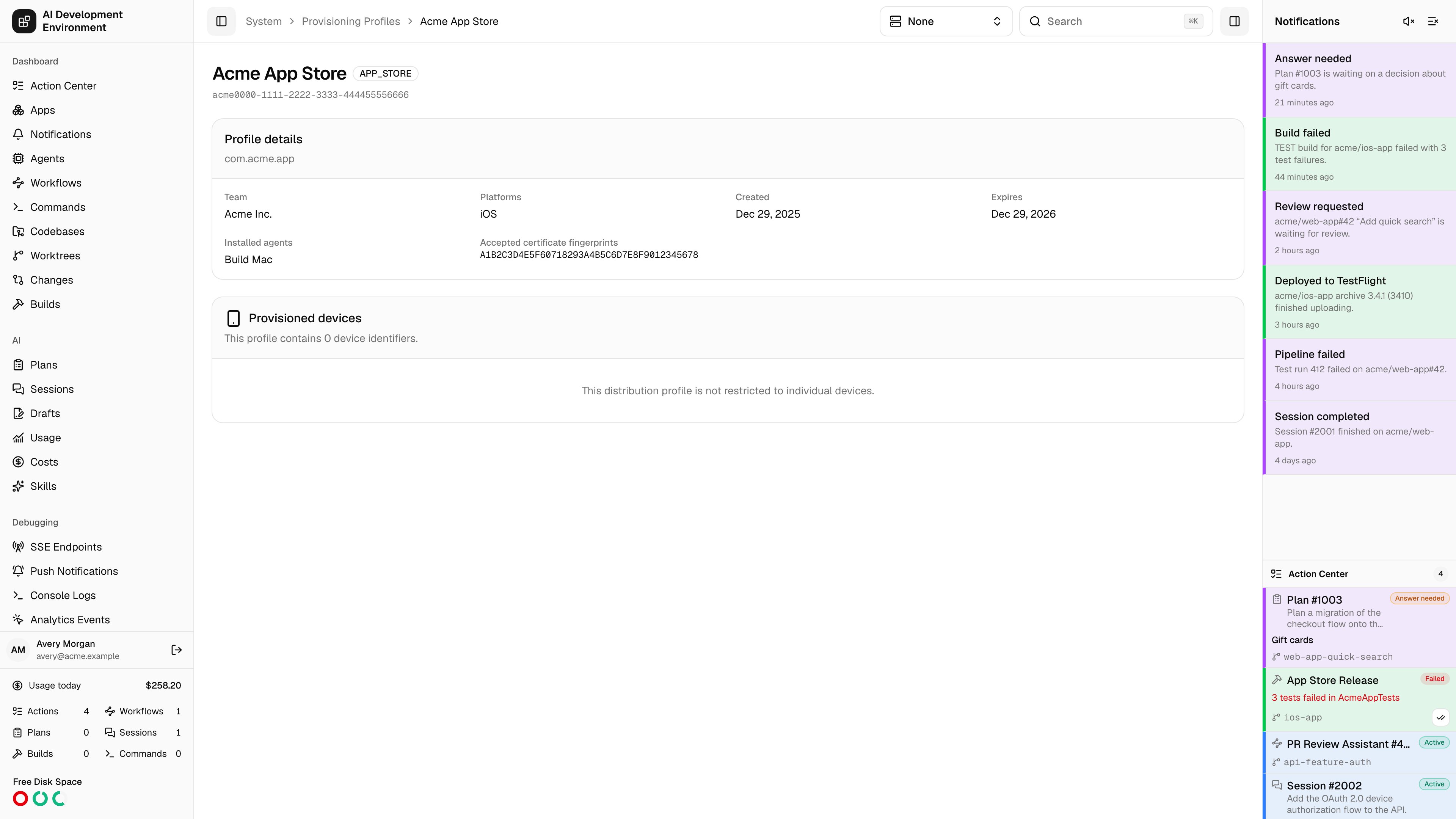 Provisioning profile details page in light theme