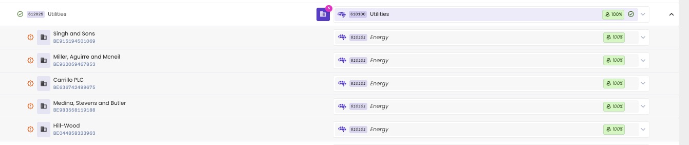 Account 612025 Utilities mapped to label Utilities, expanded to show five business partners, each mapped to the label Energy