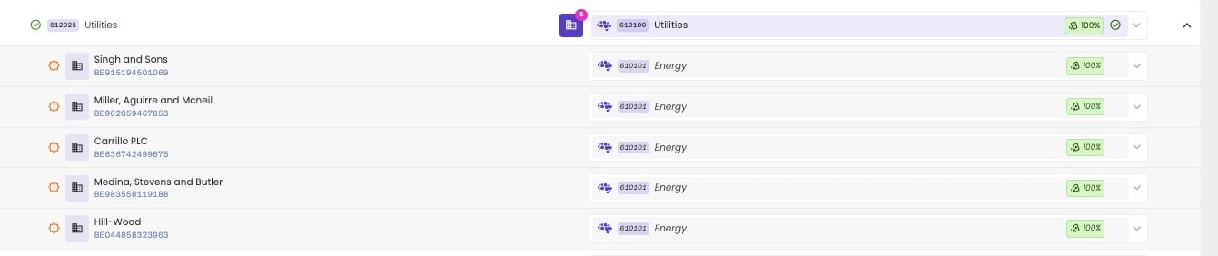 Account 612025 Utilities mapped to label Utilities, expanded to show five business partners, each mapped to the label Energy