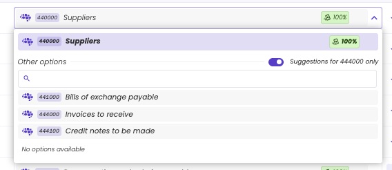 Label picker for account 440000 showing the current label Suppliers, and under Other options three suggested labels, with the toggle Suggestions for 444000 only switched on