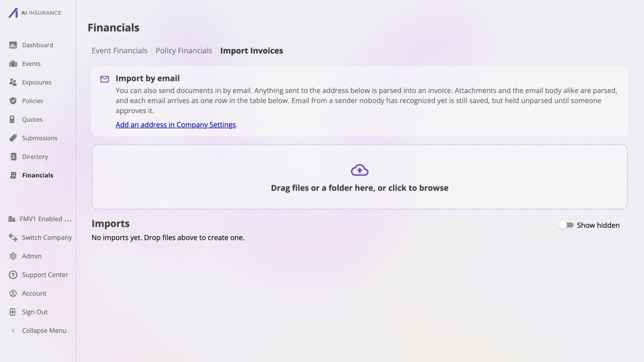 Company Financials Import Invoices tab showing email intake guidance, the invoice document dropzone, and an empty Imports list.