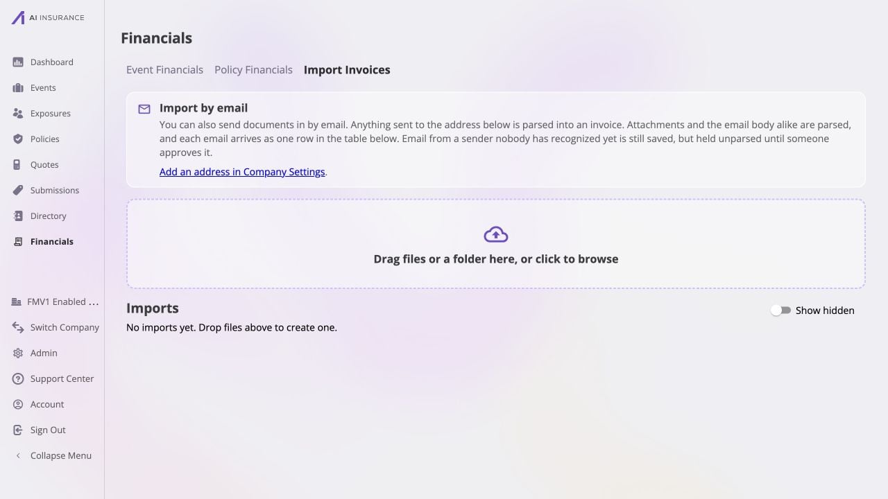 Company Financials Import Invoices tab showing email intake guidance, the invoice document dropzone, and an empty Imports list.