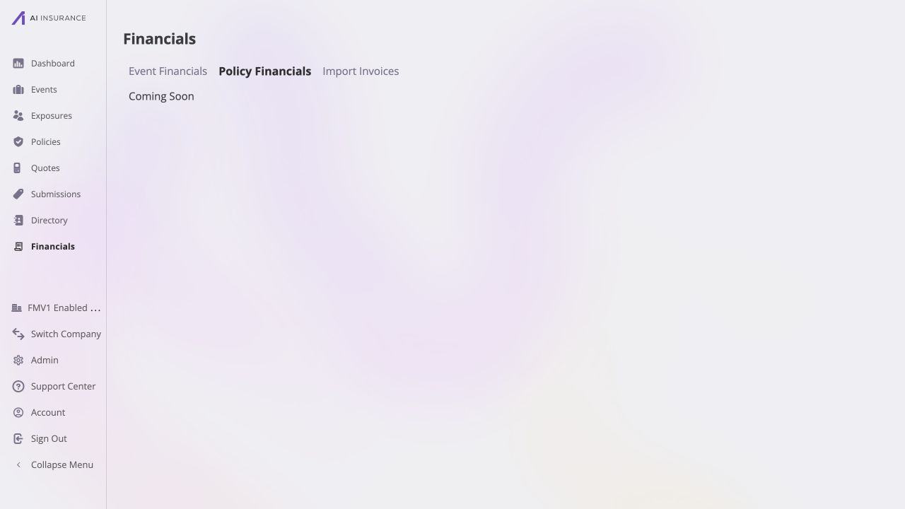 Company Financials with the Policy Financials tab selected and a Coming Soon placeholder.