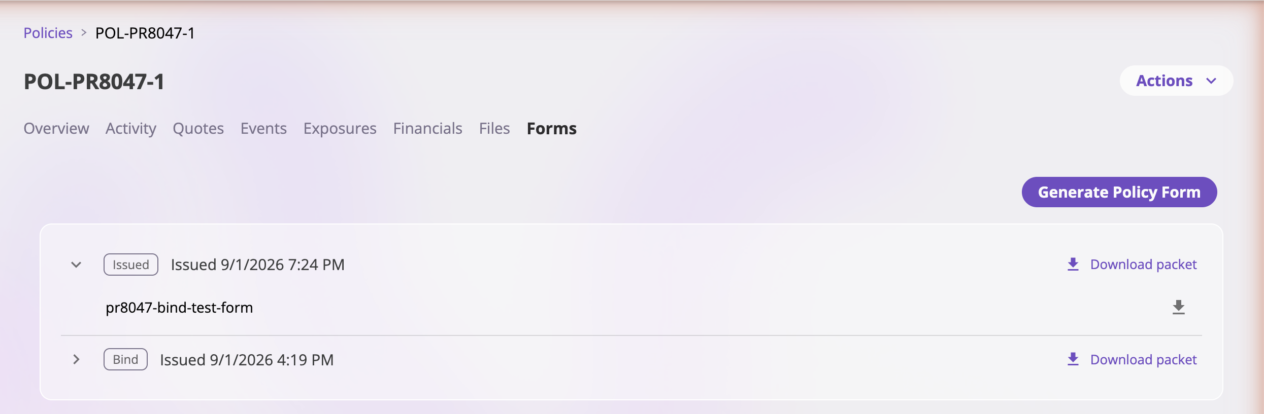 A policy detail page's Forms tab listing two packet rows, each with an origin tag such as Bind or Issued, the text Issued followed by a date and time, an expand chevron, and a Download packet button; one row is expanded to show its document with a download icon.