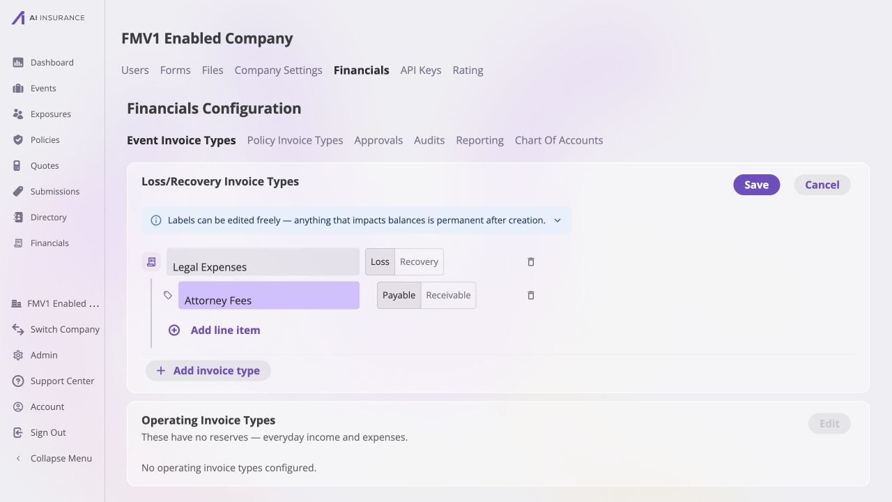 Event Invoice Types edit card for Legal Expenses with Loss or Recovery direction, an Attorney Fees payable line item, Save and Cancel controls, and an Add invoice type control.