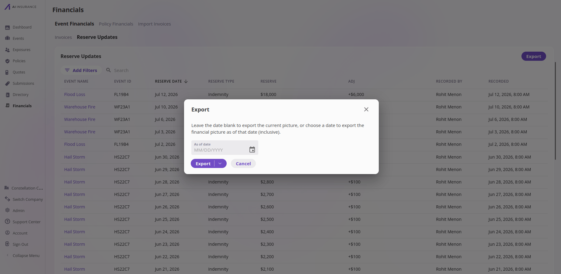 Export dialog for the Reserve Updates listing with an As of date field and Export and Cancel buttons.