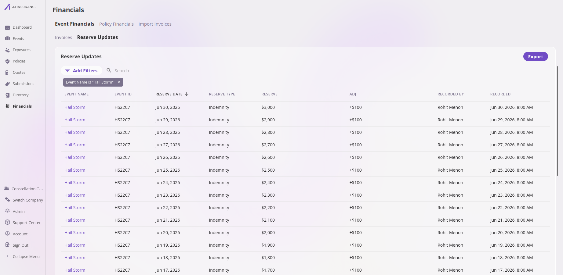 Reserve Updates listing filtered by an Event Name chip, showing only one event's reserve changes with their running balances.