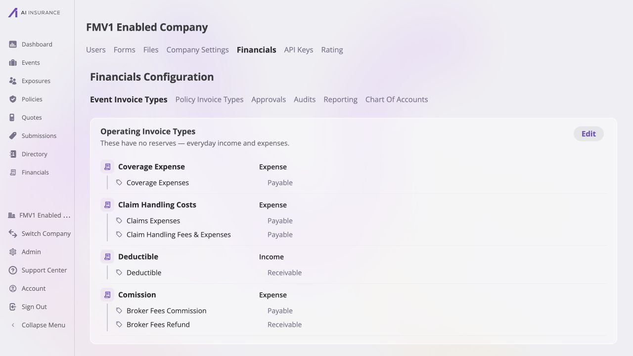 Event Invoice Types page showing the Comission Operating Invoice Type with Broker Fees Commission marked Payable and Broker Fees Refund marked Receivable