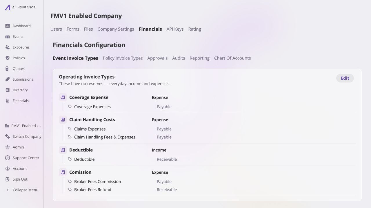 Event Invoice Types page showing the Comission Operating Invoice Type with Broker Fees Commission marked Payable and Broker Fees Refund marked Receivable