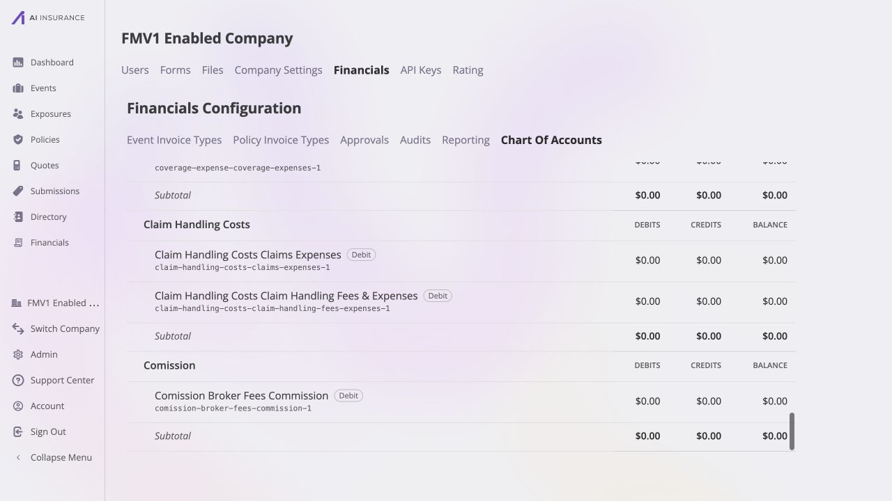 Chart of Accounts Expenses section showing the debit-normal Comission Broker Fees Commission account and its stable key