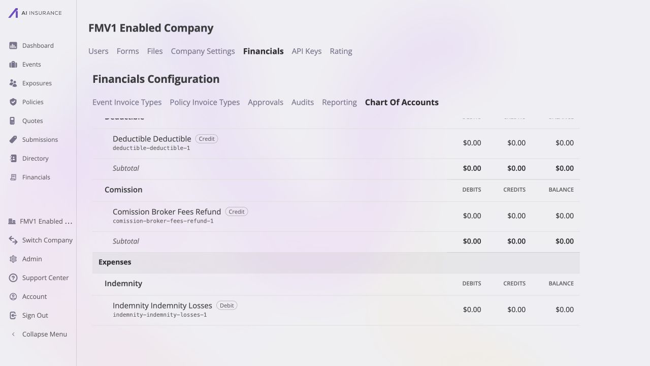 Chart of Accounts Income section showing the credit-normal Comission Broker Fees Refund account and its stable key