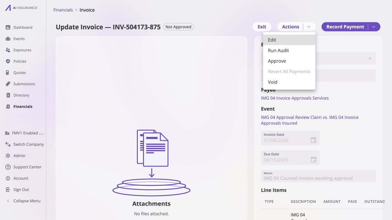 Invoice detail for INV-504173-875 with a Not Approved badge. The Actions menu is open and lists Edit, Run Bill Review, Approve, a disabled Revert All Payments, and Void; the page shows the IMG 04 Invoice Approvals Services payee, its linked event, dates, memo, and line items.