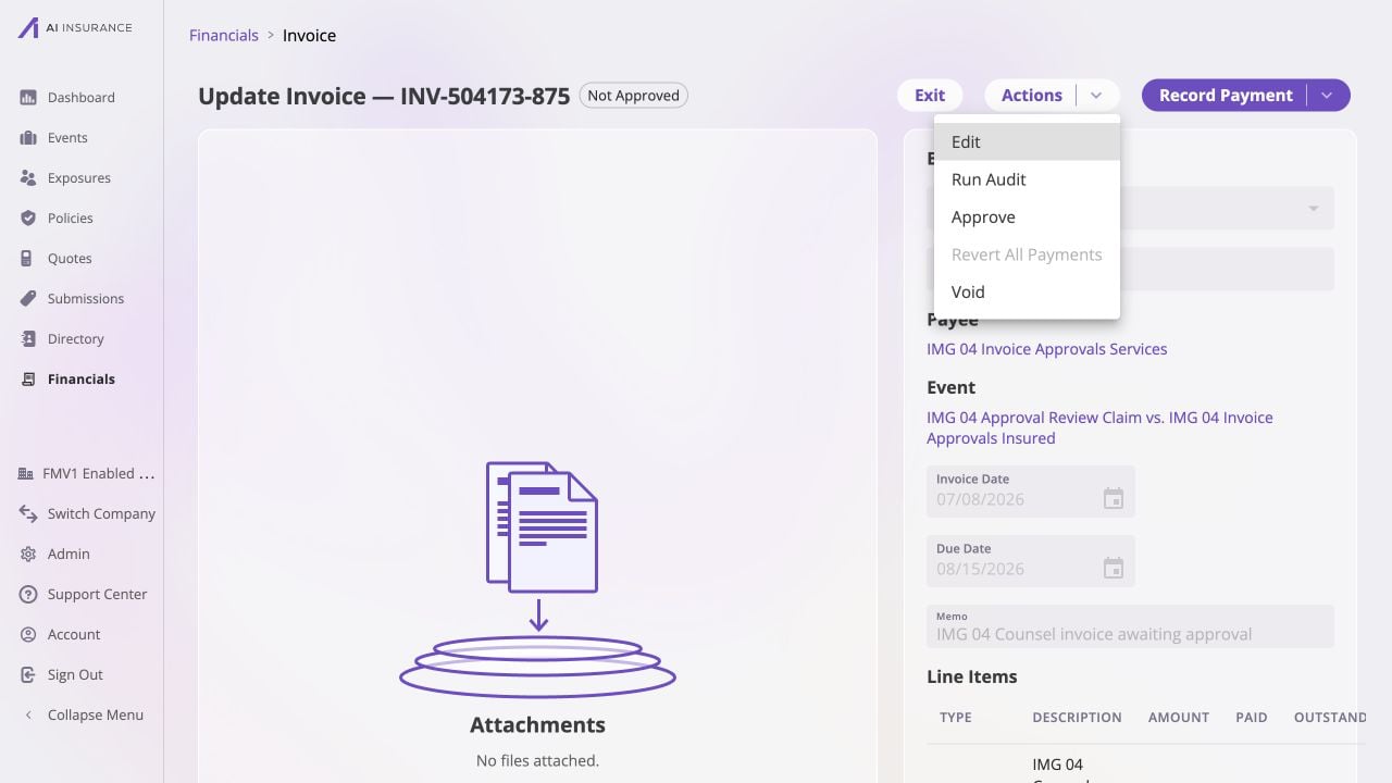 Invoice detail for INV-504173-875 with a Not Approved badge. The Actions menu is open and lists Edit, Run Bill Review, Approve, a disabled Revert All Payments, and Void; the page shows the IMG 04 Invoice Approvals Services payee, its linked event, dates, memo, and line items.