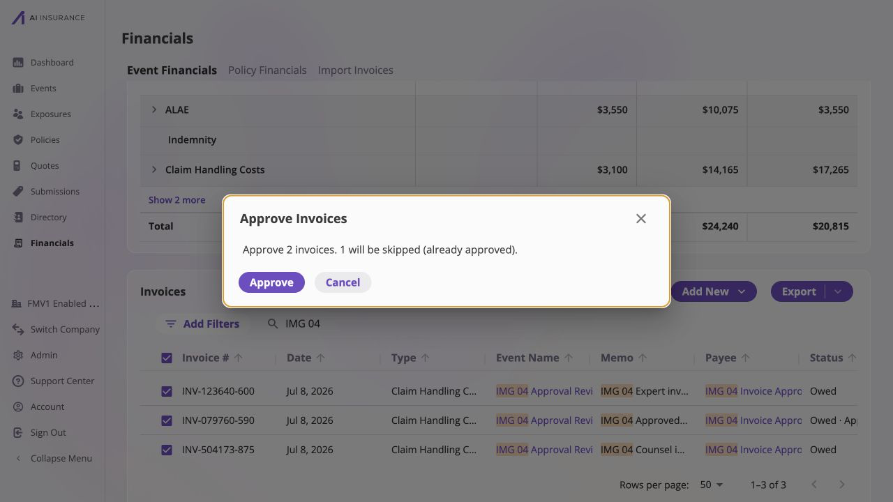 Financials invoice list filtered for IMG 04 with three selected rows: INV-123640-600, INV-079760-590, and INV-504173-875. An Approve Invoices dialog states, 'Approve 2 invoices. 1 will be skipped (already approved),' and provides Approve and Cancel buttons.