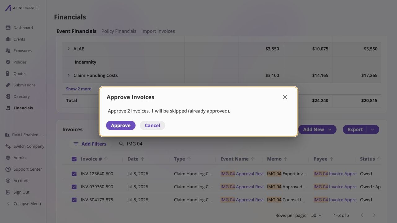 Financials invoice list filtered for IMG 04 with three selected rows: INV-123640-600, INV-079760-590, and INV-504173-875. An Approve Invoices dialog states, 'Approve 2 invoices. 1 will be skipped (already approved),' and provides Approve and Cancel buttons.