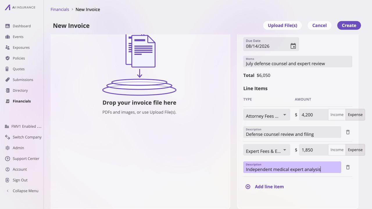 New Invoice form showing an empty invoice-file drop zone, due date August 14, 2026, memo July defense counsel and expert review, a 6,050 dollar total, and two Expense line items for Attorney Fees and Expert Fees.